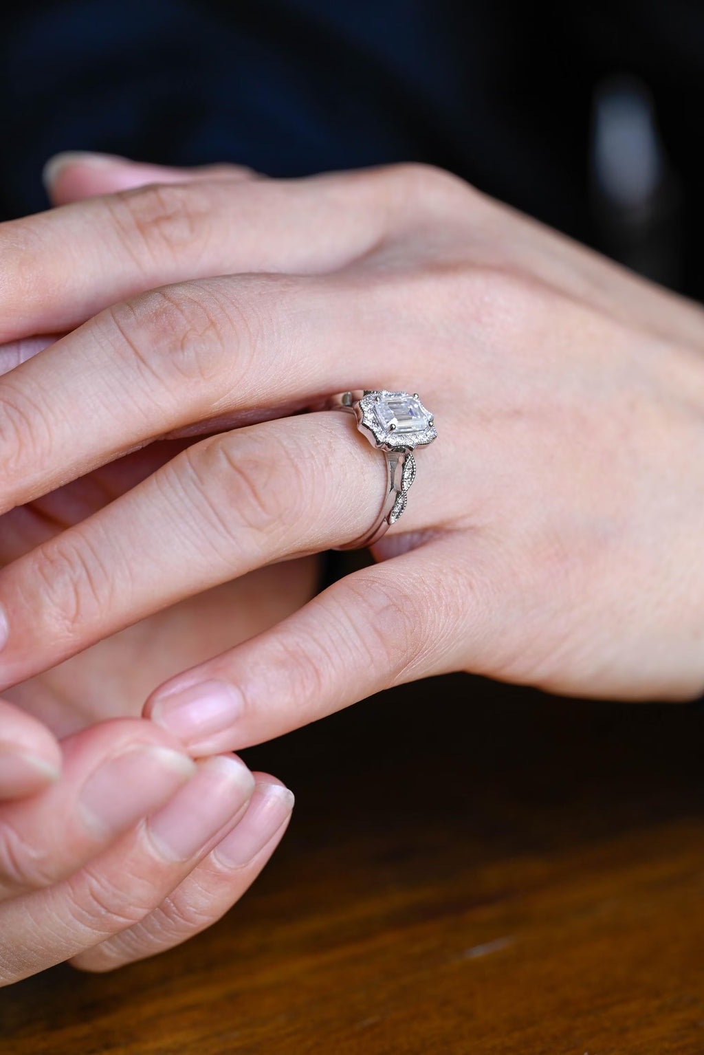Solid Gold Emerald Cut Moissanite Engagement Ring, Beaded Halo Half Pave Ring