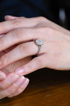 Solid Gold Emerald Cut Moissanite Engagement Ring, Beaded Halo Half Pave Ring
