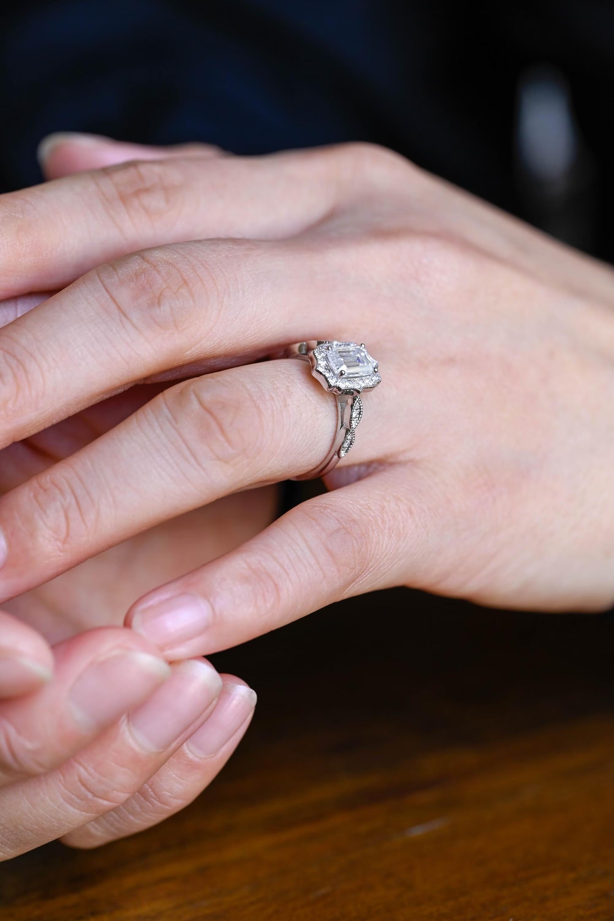 Solid Gold Emerald Cut Moissanite Engagement Ring, Beaded Halo Half Pave Ring