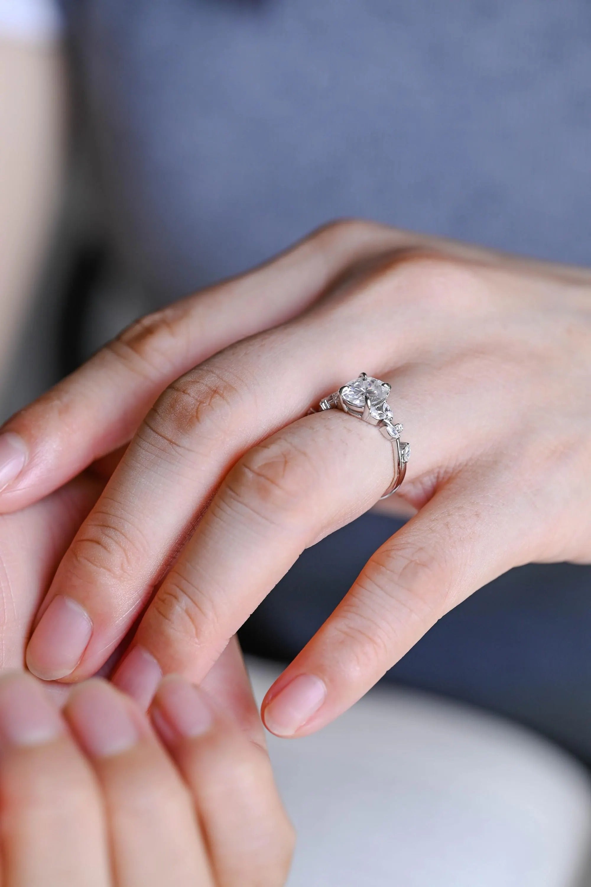 Solid Gold Oval Cut Moissanite Engagement Ring, Dainty Leaf Ring Secondary image