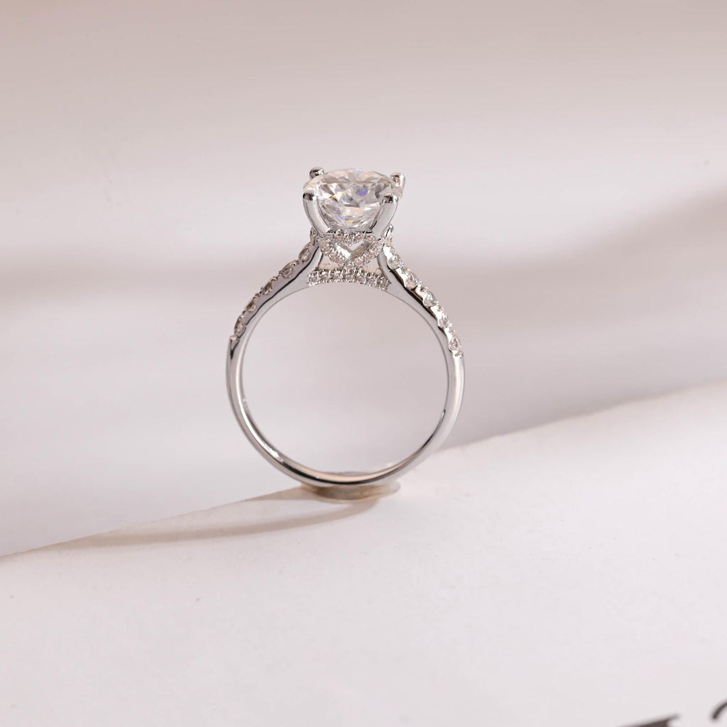 Solid Gold Hidden Halo Round Moissanite Engagement Ring, Half Eternity Promise Ring