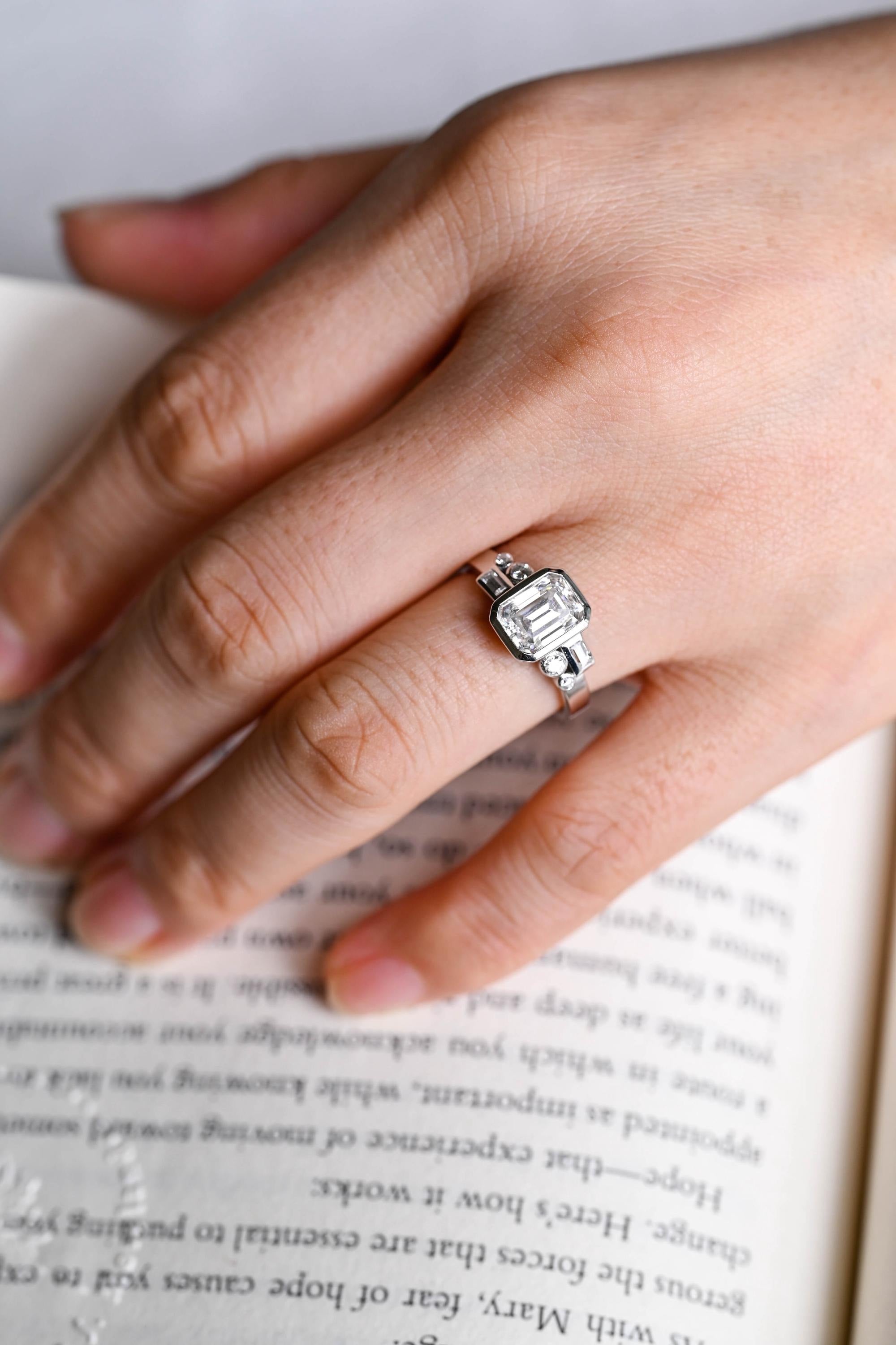 Solid Gold Bezel Emerald Cut Moissanite Engagement Ring, Dainty Cluster Promise Ring