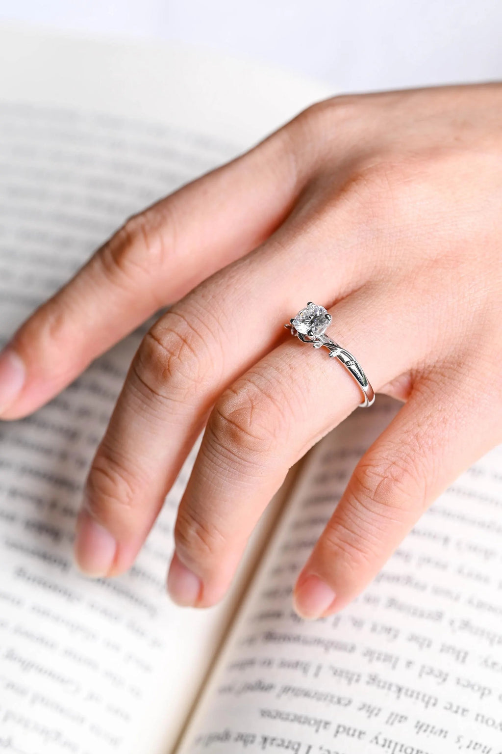 Solid Gold Round Moissanite Engagement Ring, Nature Inspired Proposal Ring
