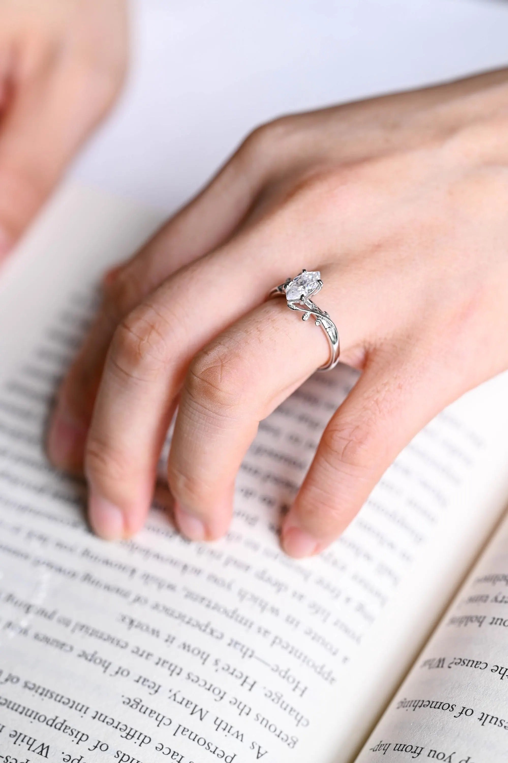 Solid Gold Leaf Ring, Marquise Moissanite Engagement Ring, Proposal Ring