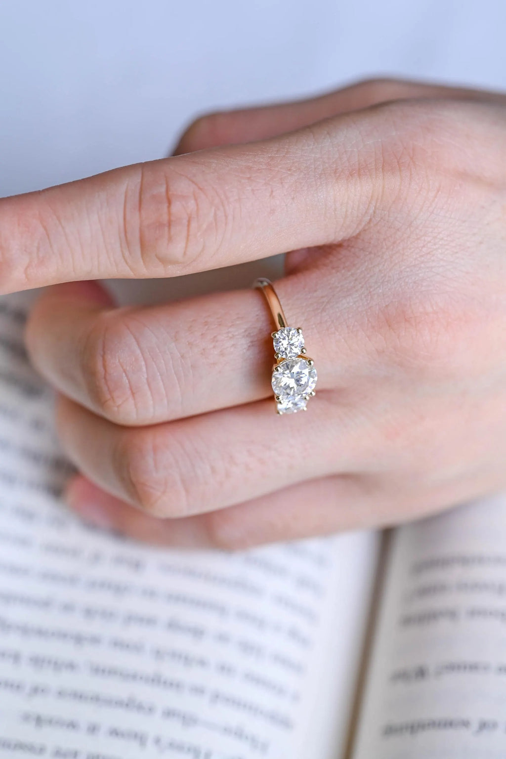 Solid Gold Three Stone Round Cut Moissanite Engagement Ring