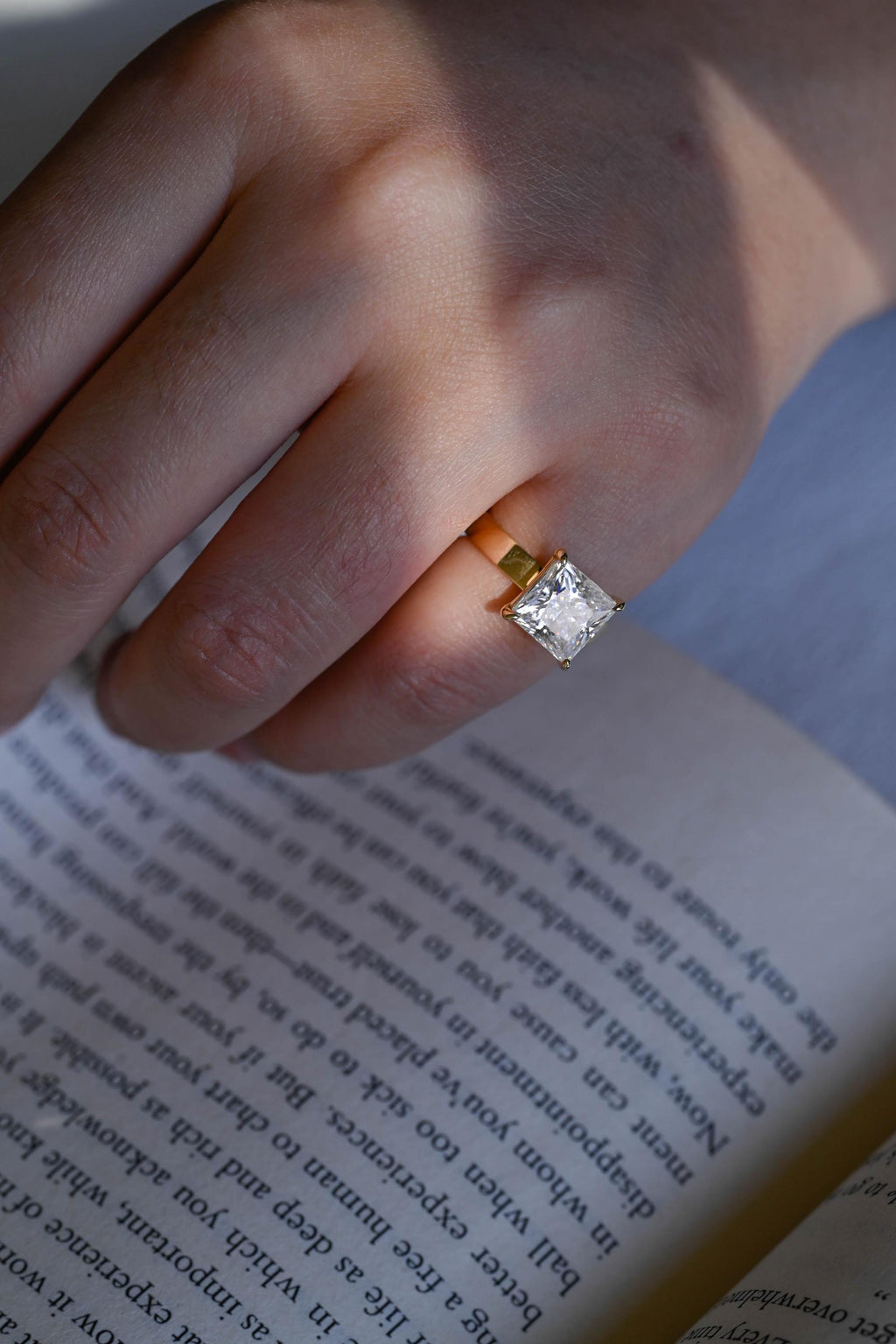 Solid Gold Princess Moissanite Engagement Ring, 3mm Wide Band Bridal Ring