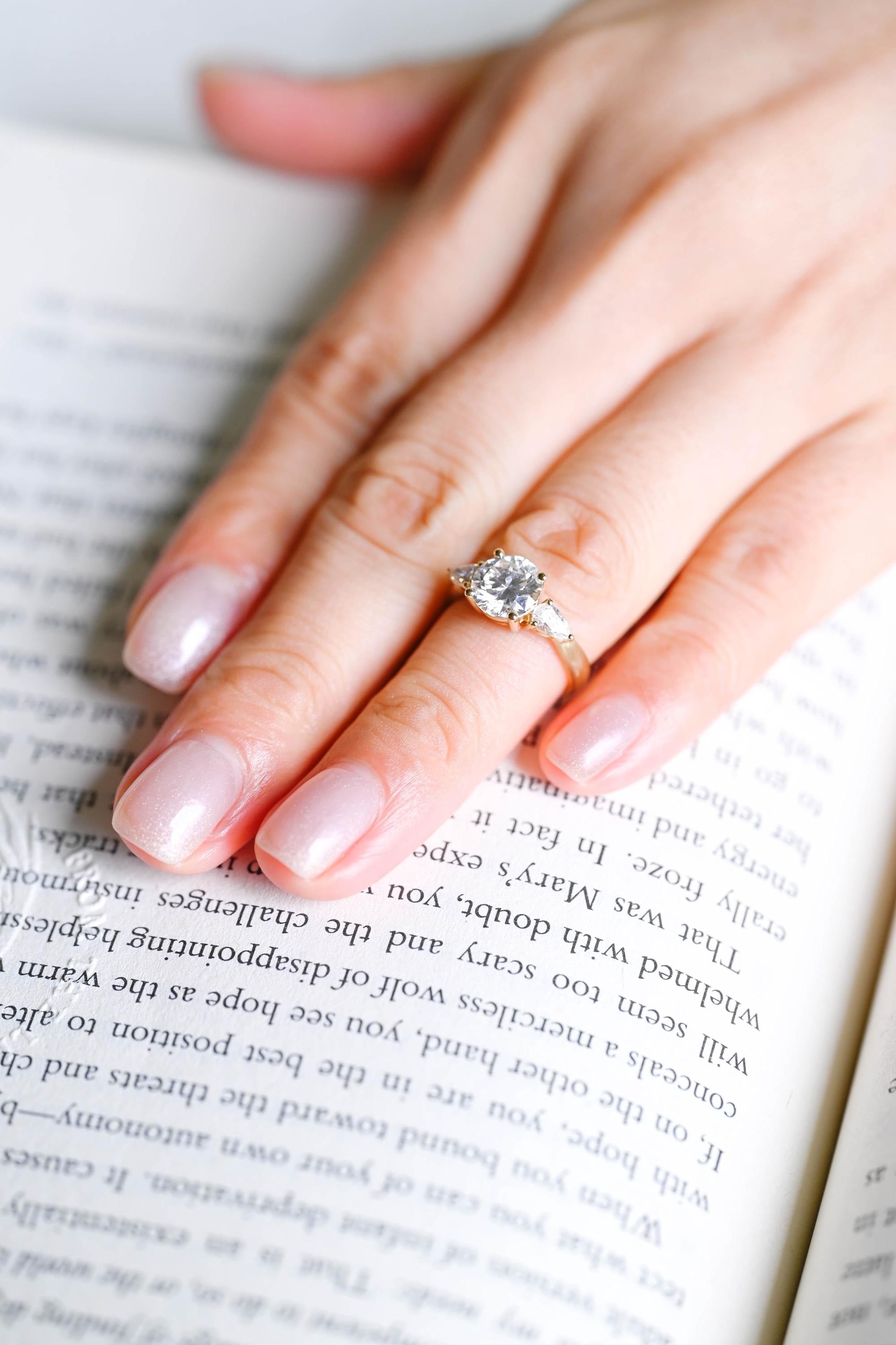 Solid Gold 3mm Width Three Stone Round Cut Moissanite Engagement Ring with Pear Accent