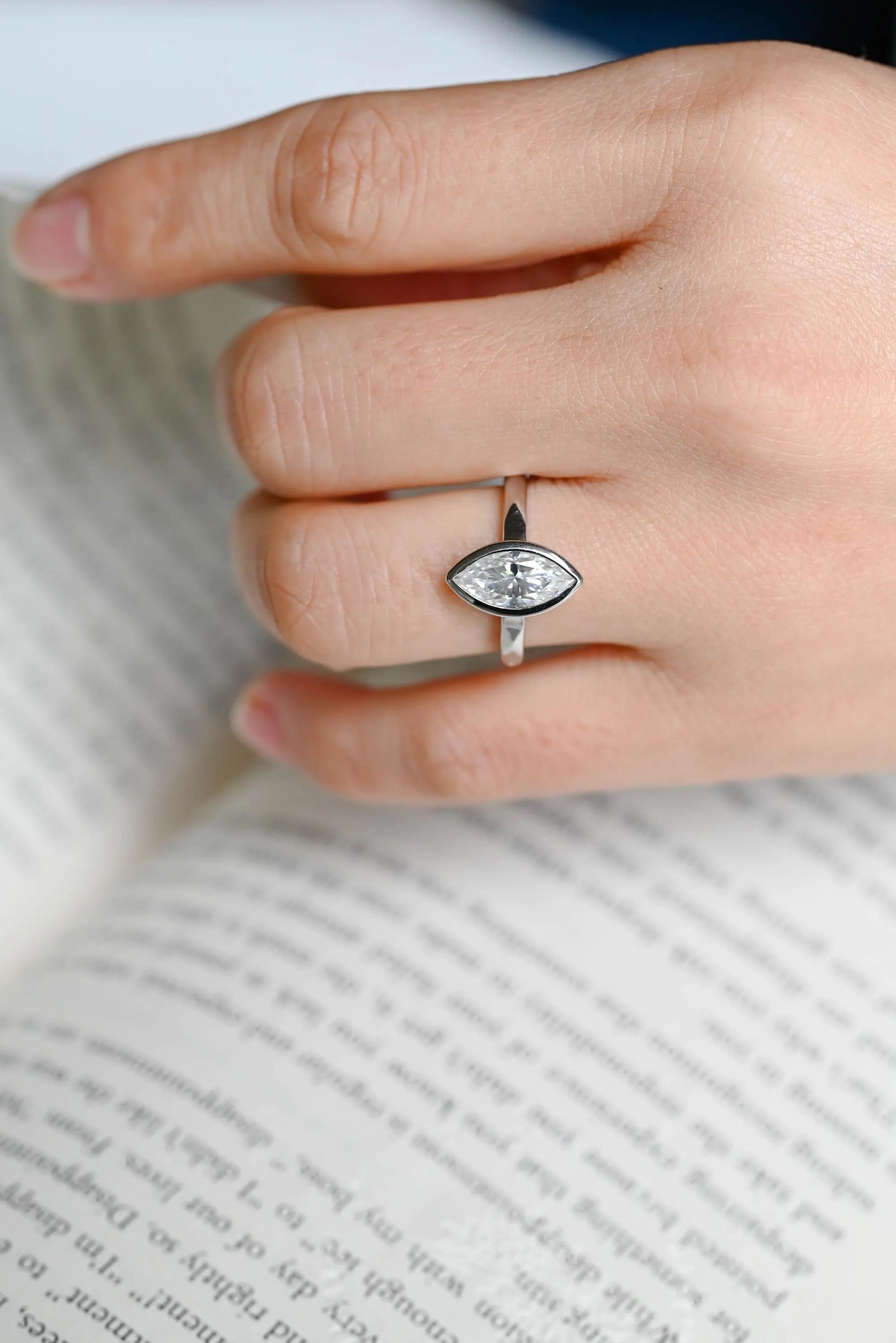 Solid Gold Marquise Moissanite Engagement Ring, Minimalist Bezel Ring