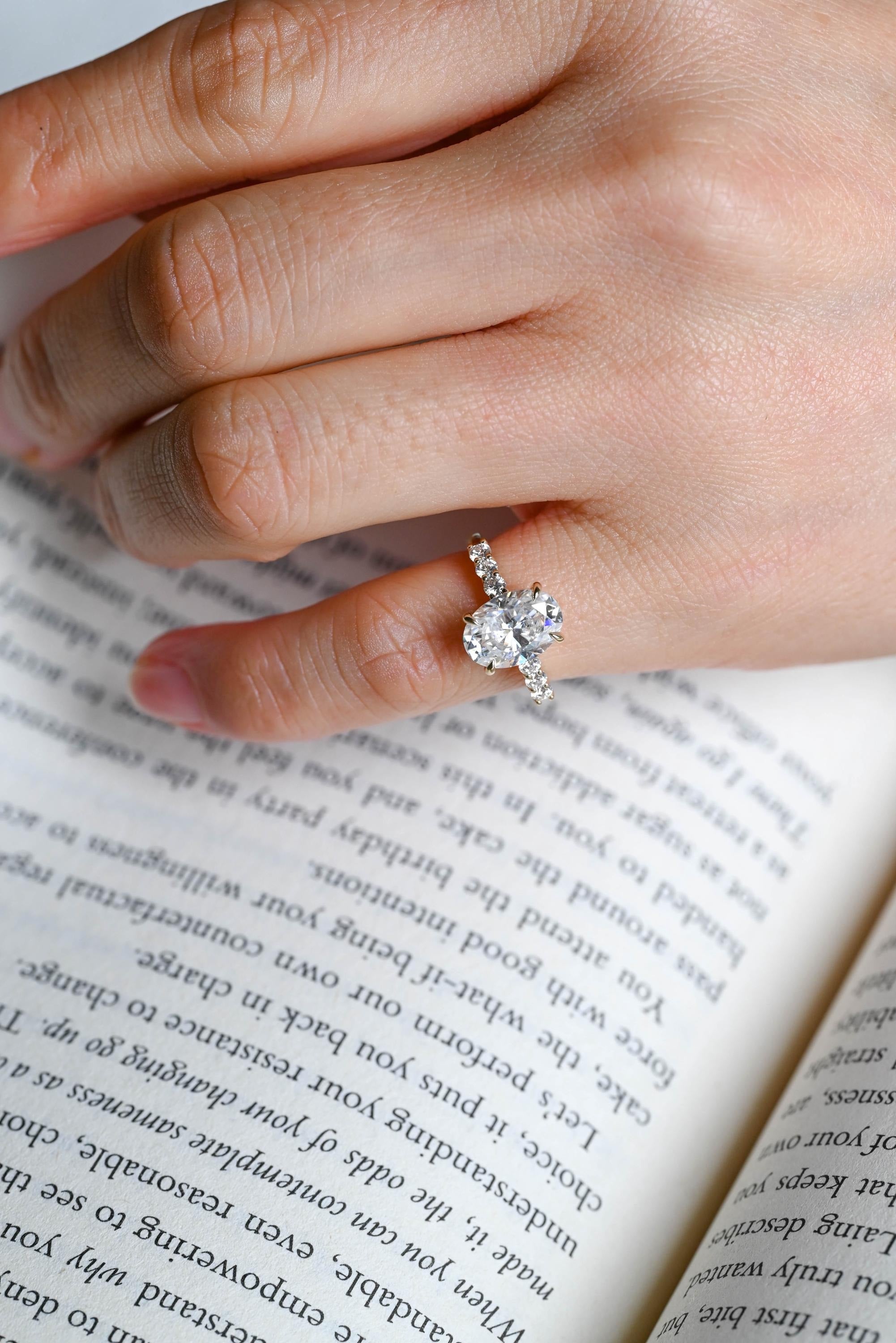 Solid Gold Oval Moissanite Engagement Ring, Half Eternity Promise Ring