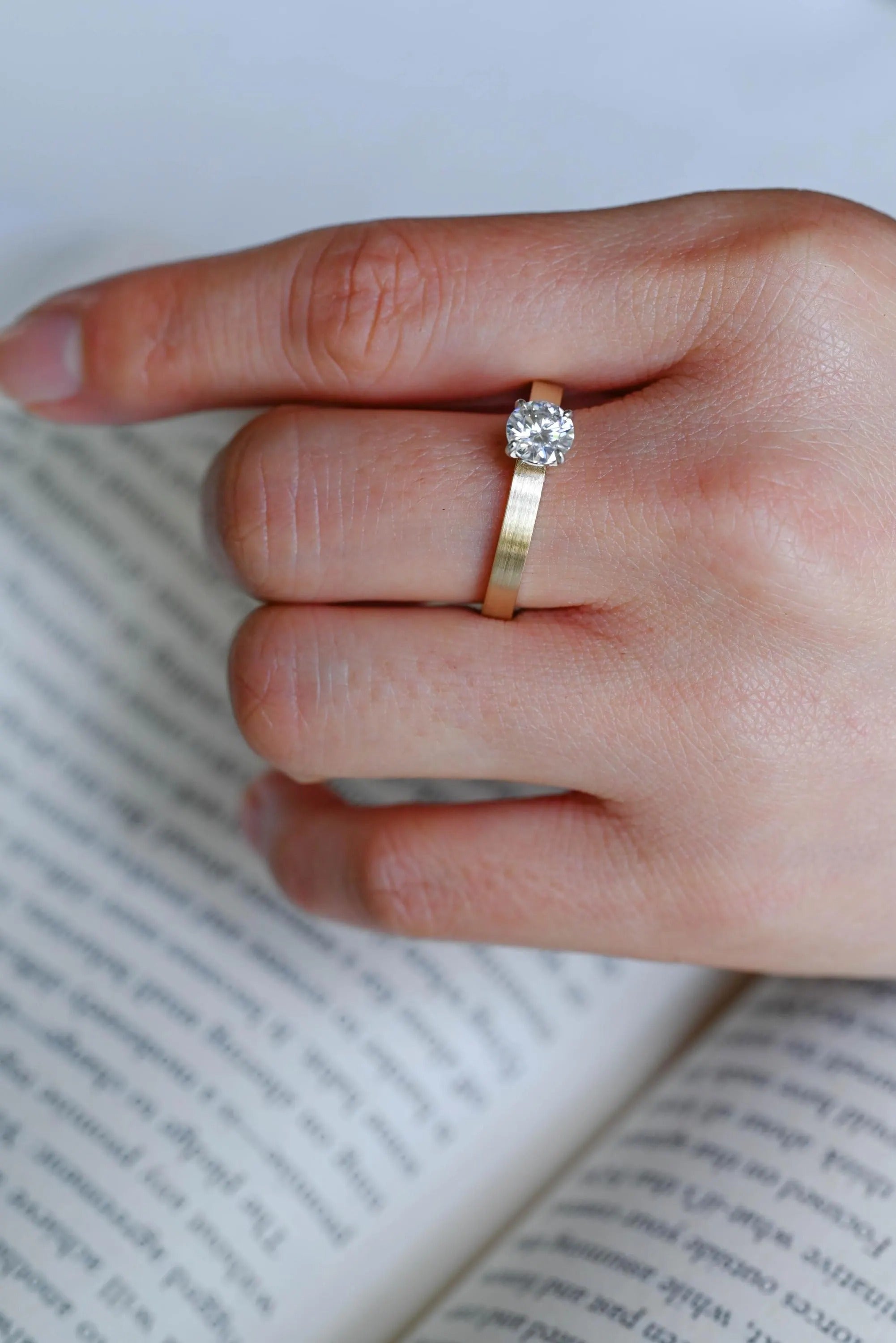 Solid Gold Moissanite Engagement Ring, 3MM Width Minimalist Ring