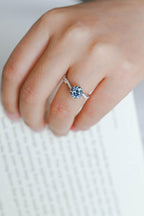Solid Gold Round Cut Blue Moissanite Engagement Ring, Tulip Floral Bridal Ring