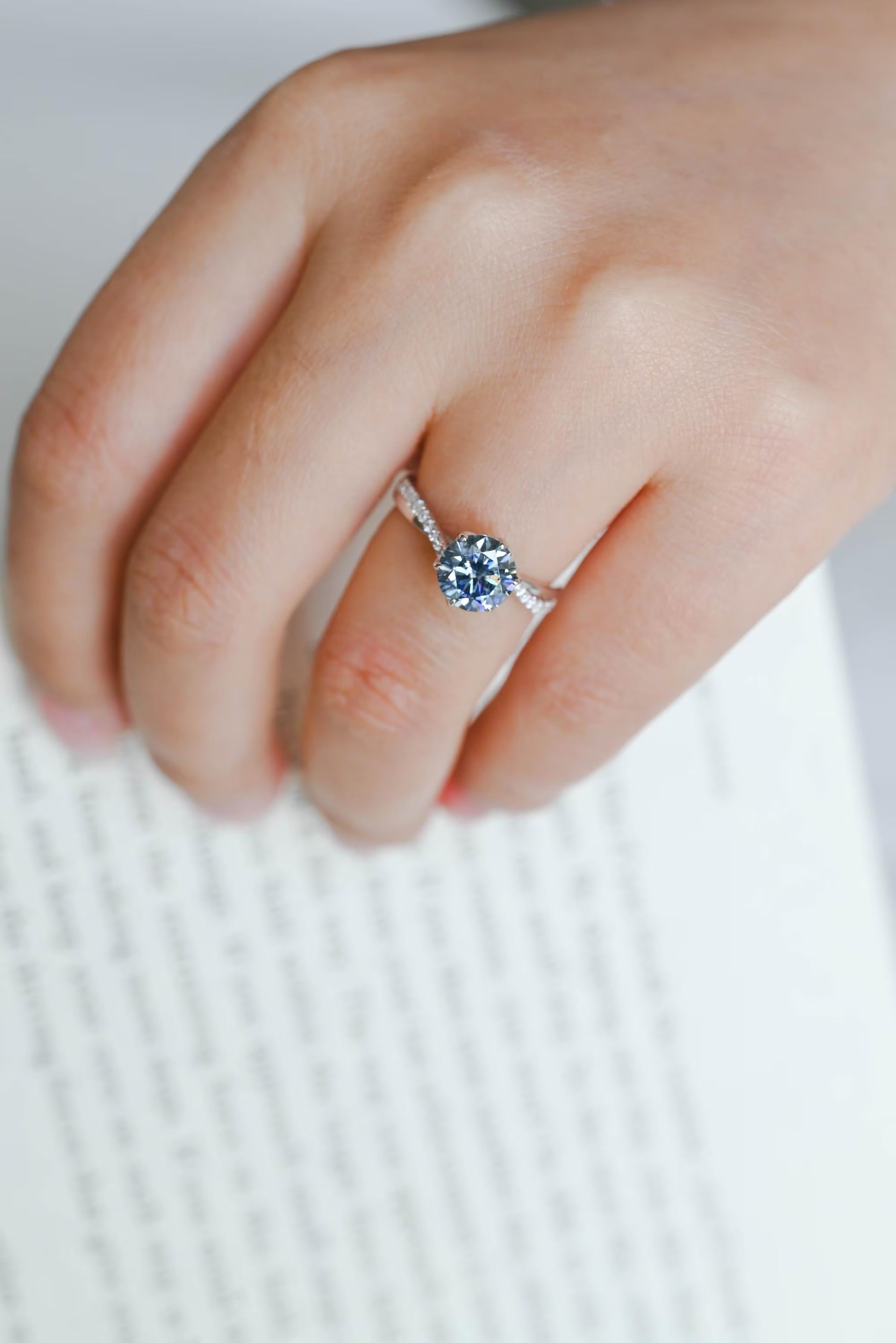 Solid Gold Round Cut Blue Moissanite Engagement Ring, Tulip Floral Bridal Ring