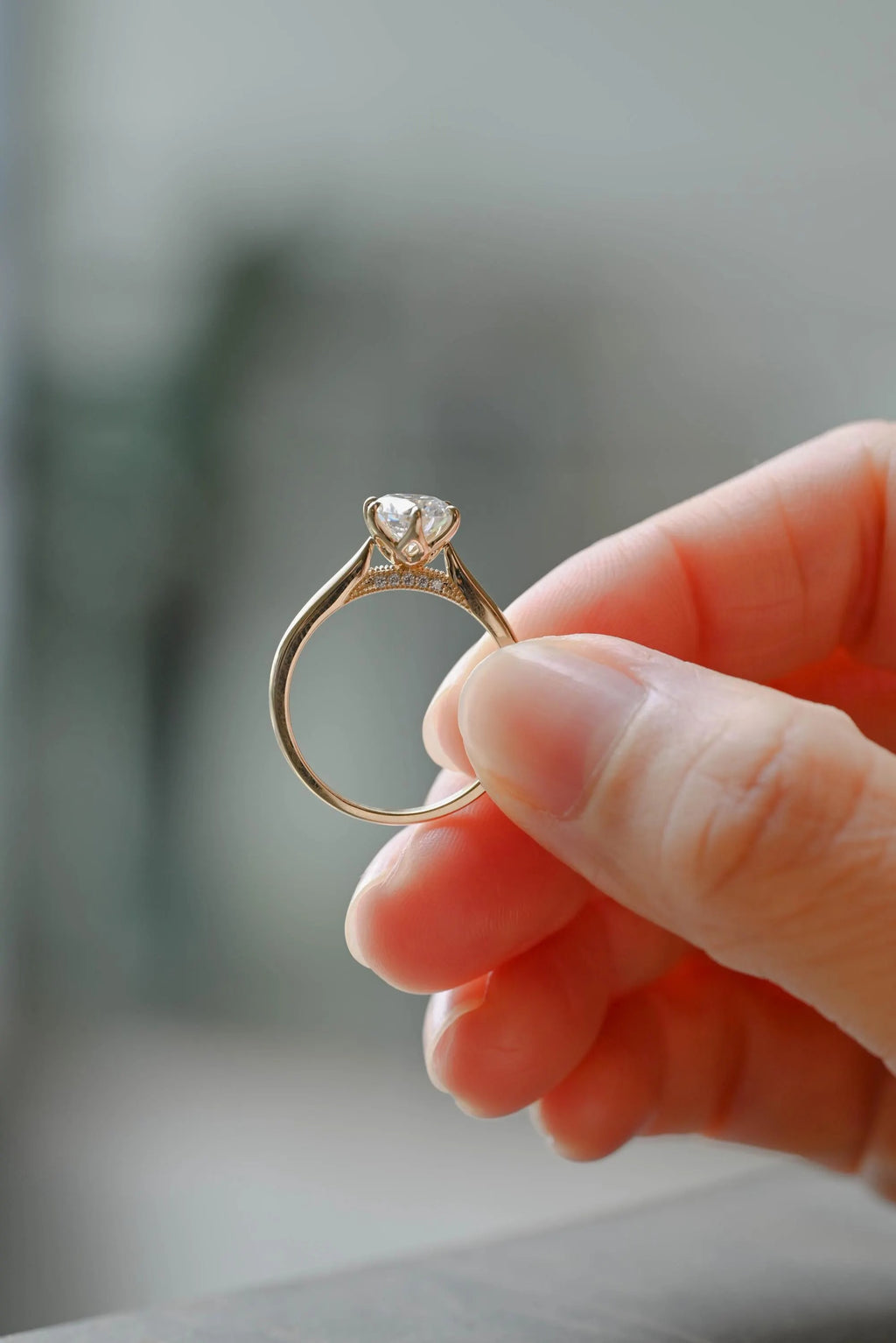 Solid Gold Tulip Flora Round Cut Moissanite Engagement Ring, Cathedral Ring
