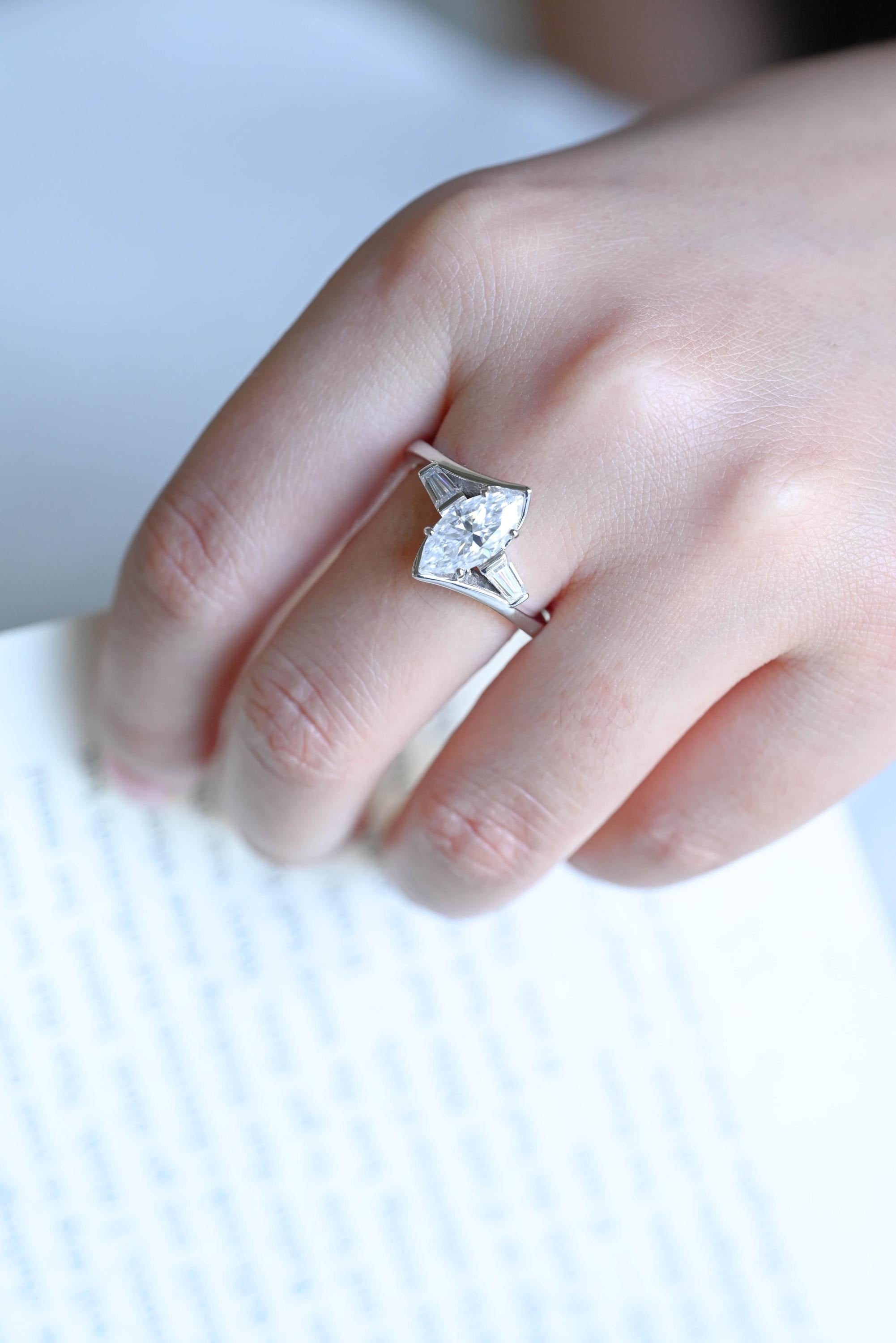 Solid Gold Marquise Moissanite Engagement Ring, Bezel Three Stone Ring