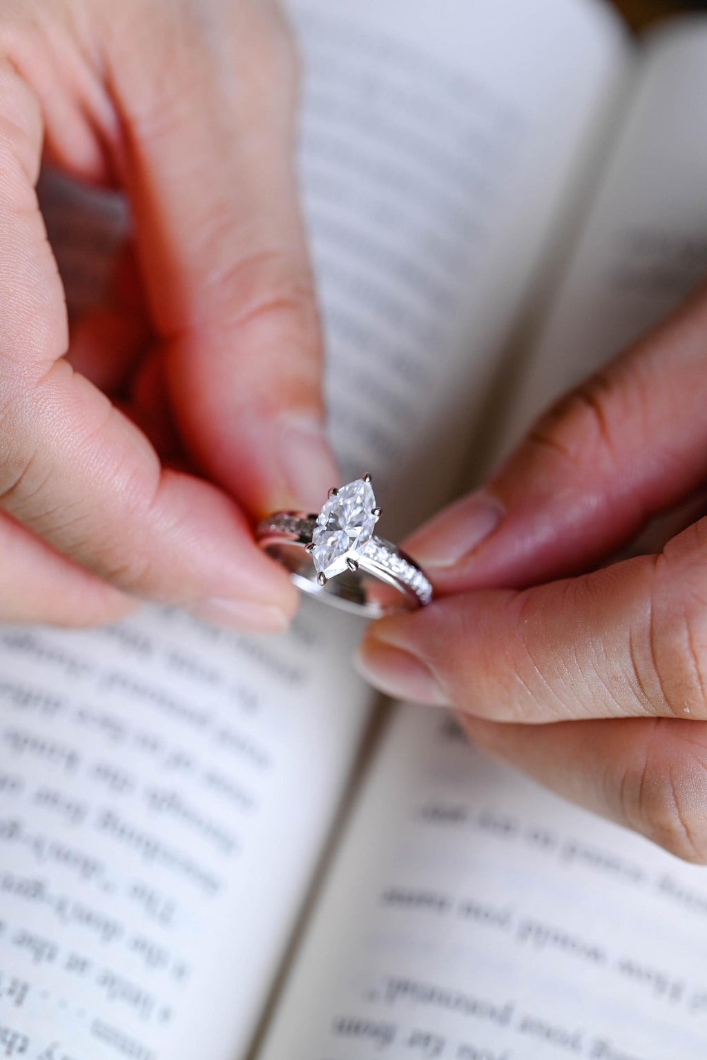 Solid Gold 4mm Wide Band, Marquise Moissanite Engagement Ring