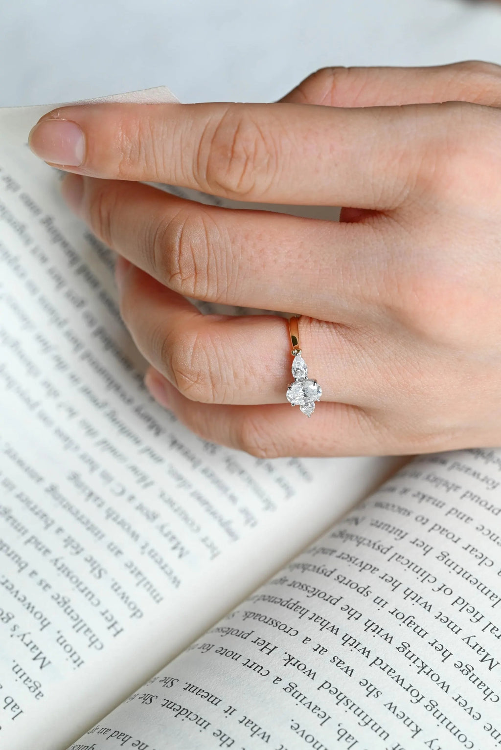 Solid Gold Oval Moissanite Engagement Ring, Three Stone Promise Ring