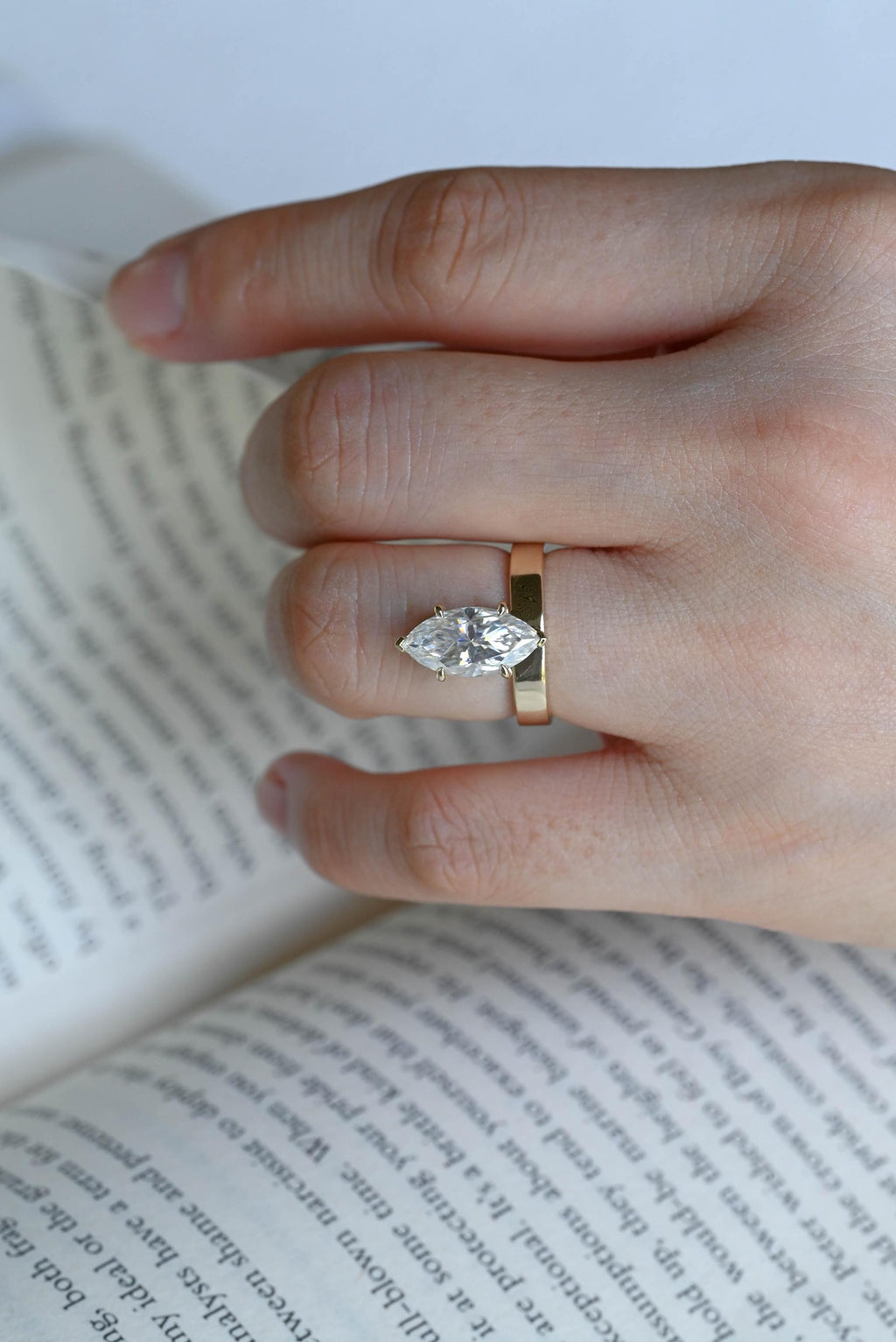 Solid Gold 3.5mm Wide Band Marquise Moissanite Engagement Ring