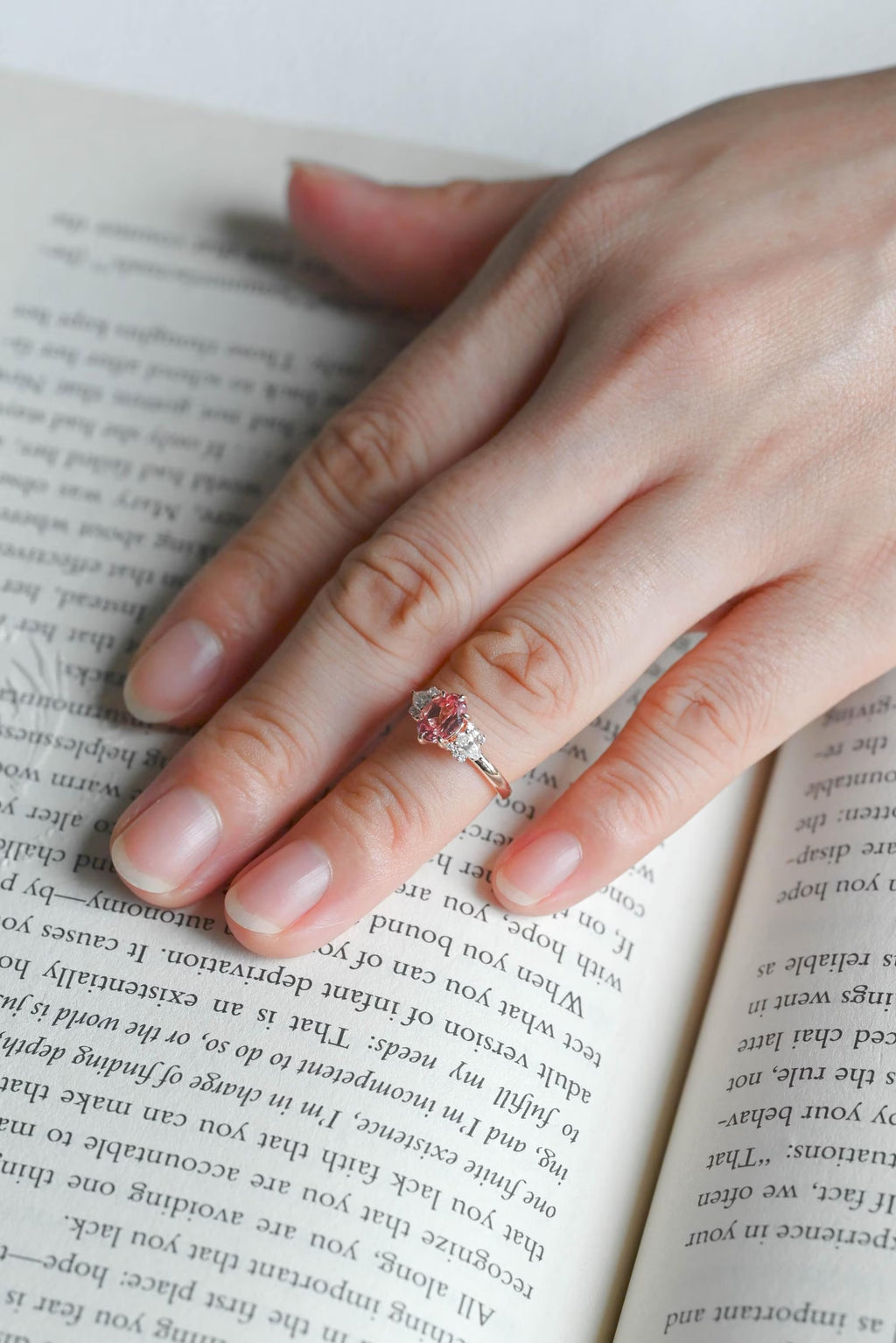 Solid Gold Oval Cut Pink Lab Grown Sapphire Engagement Ring, Three Stone Ring