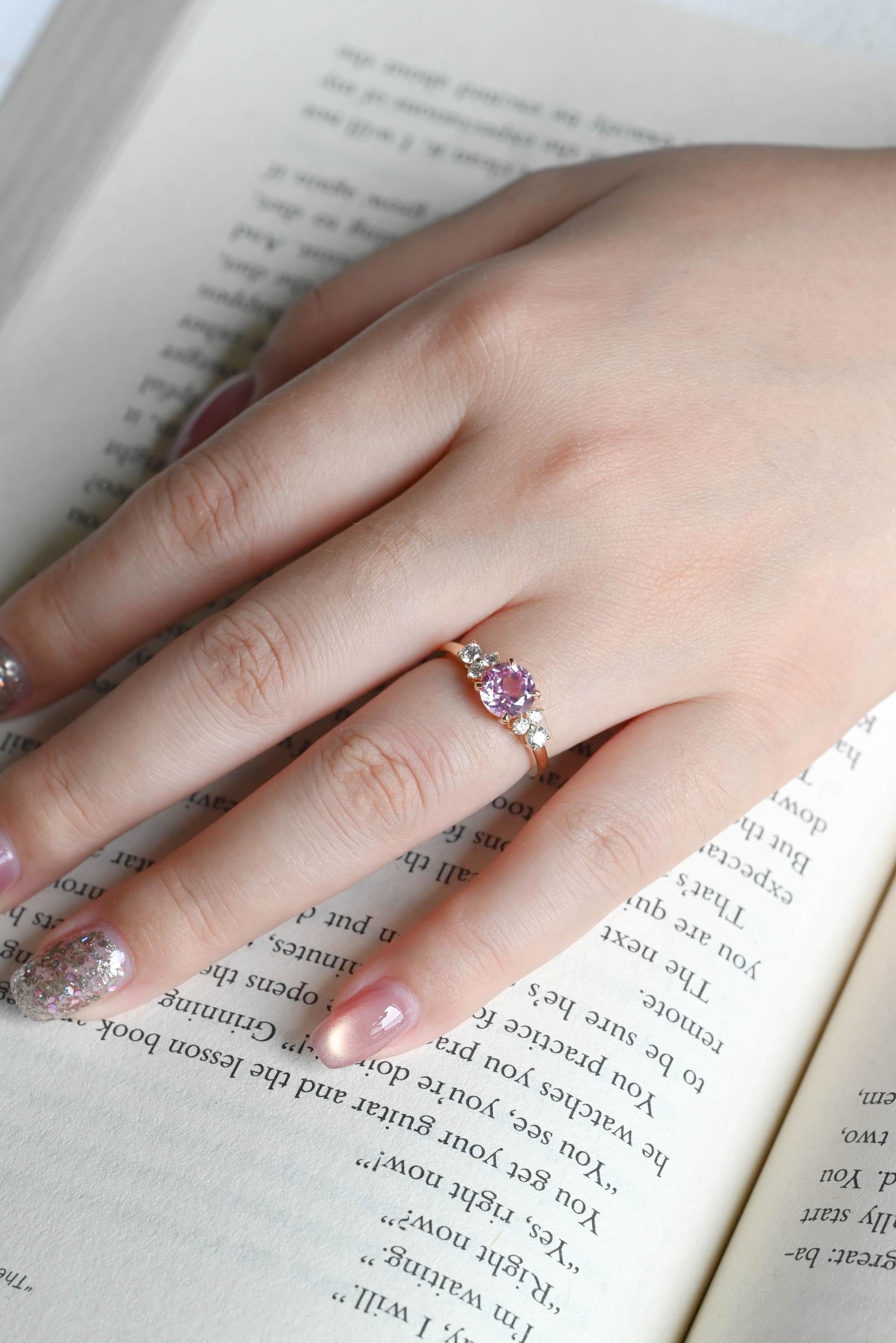 Solid Gold Cluster Round Cut Pink Moissanite Sapphire Engagement Ring