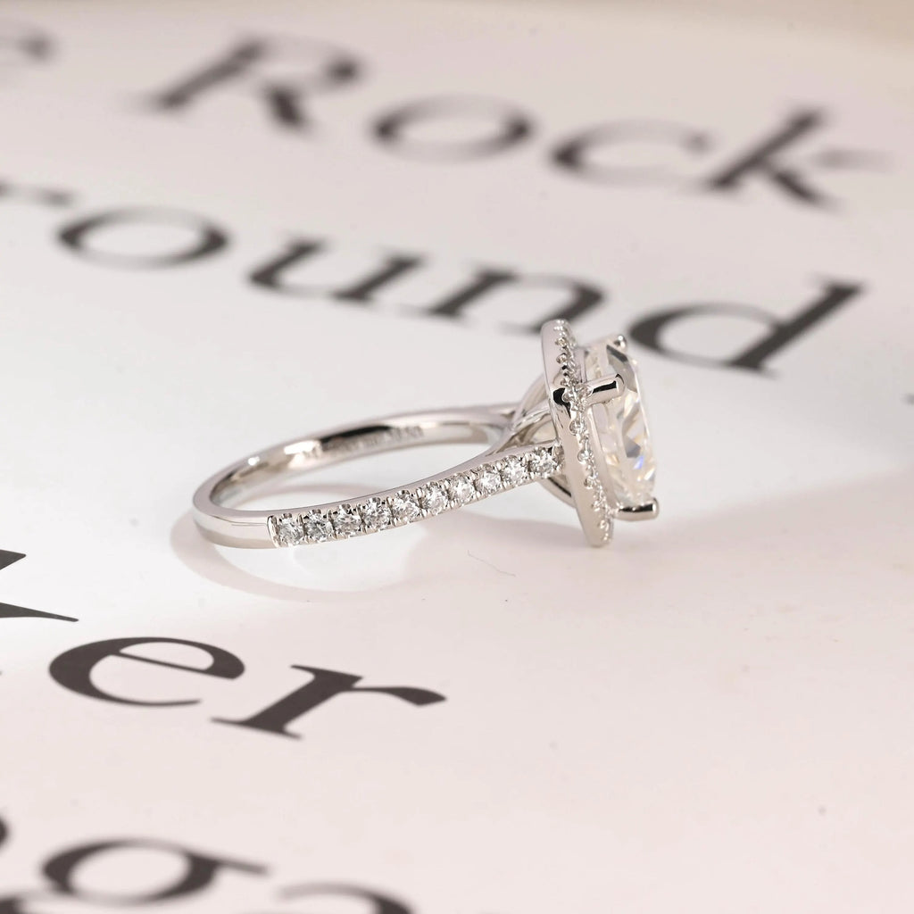 Solid Gold Trillion Cut Moissanite Engagement Ring, Halo Triangle Wedding Ring