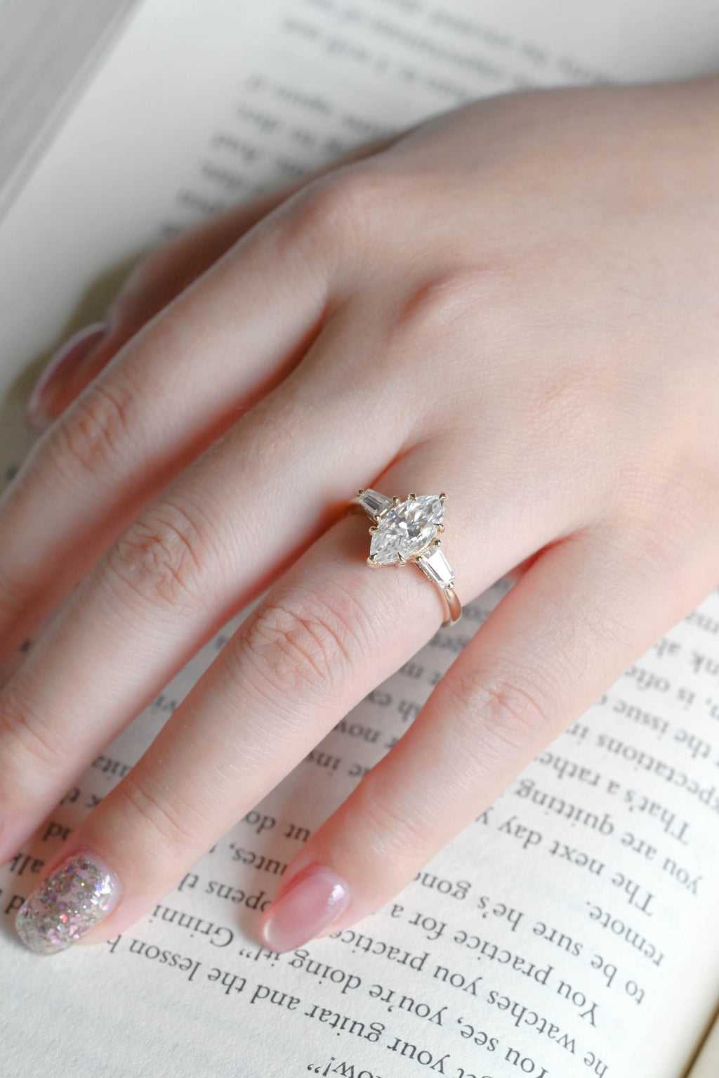 Solid Gold Three Stone Ring, Marquise Moissanite Engagement Ring