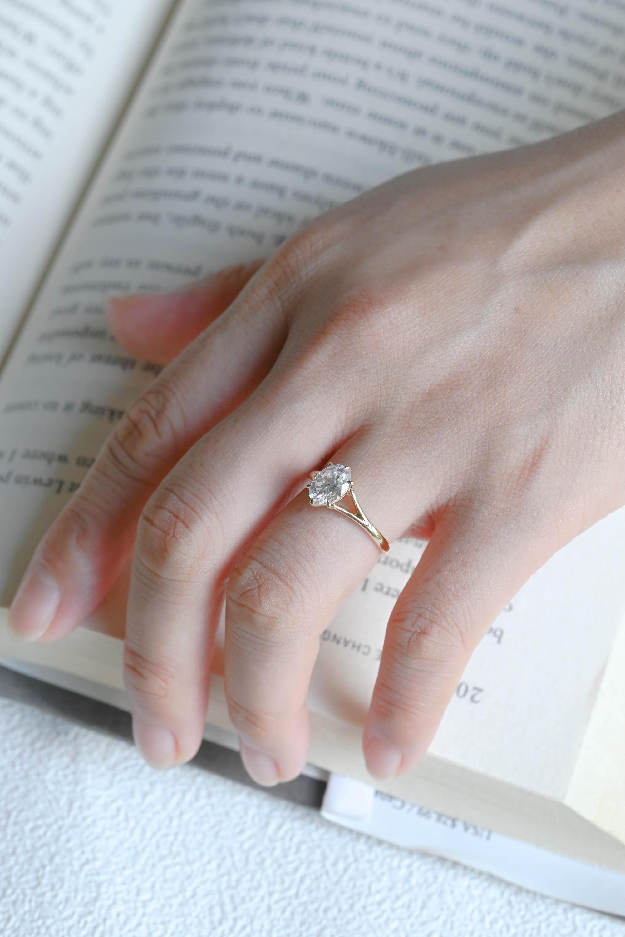 Solid Gold Six Prongs Oval Moissanite Engagement Ring with Bar, Promise Ring