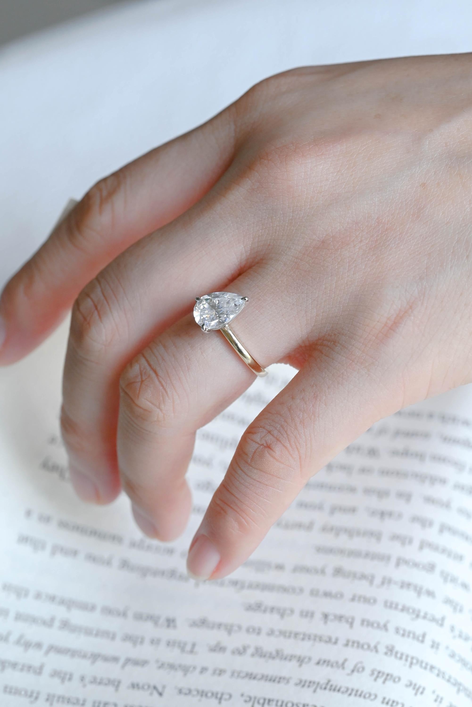 Solid Gold Two Tone Pear Cut Moissanite Engagement Ring, Unique Anniversary Ring