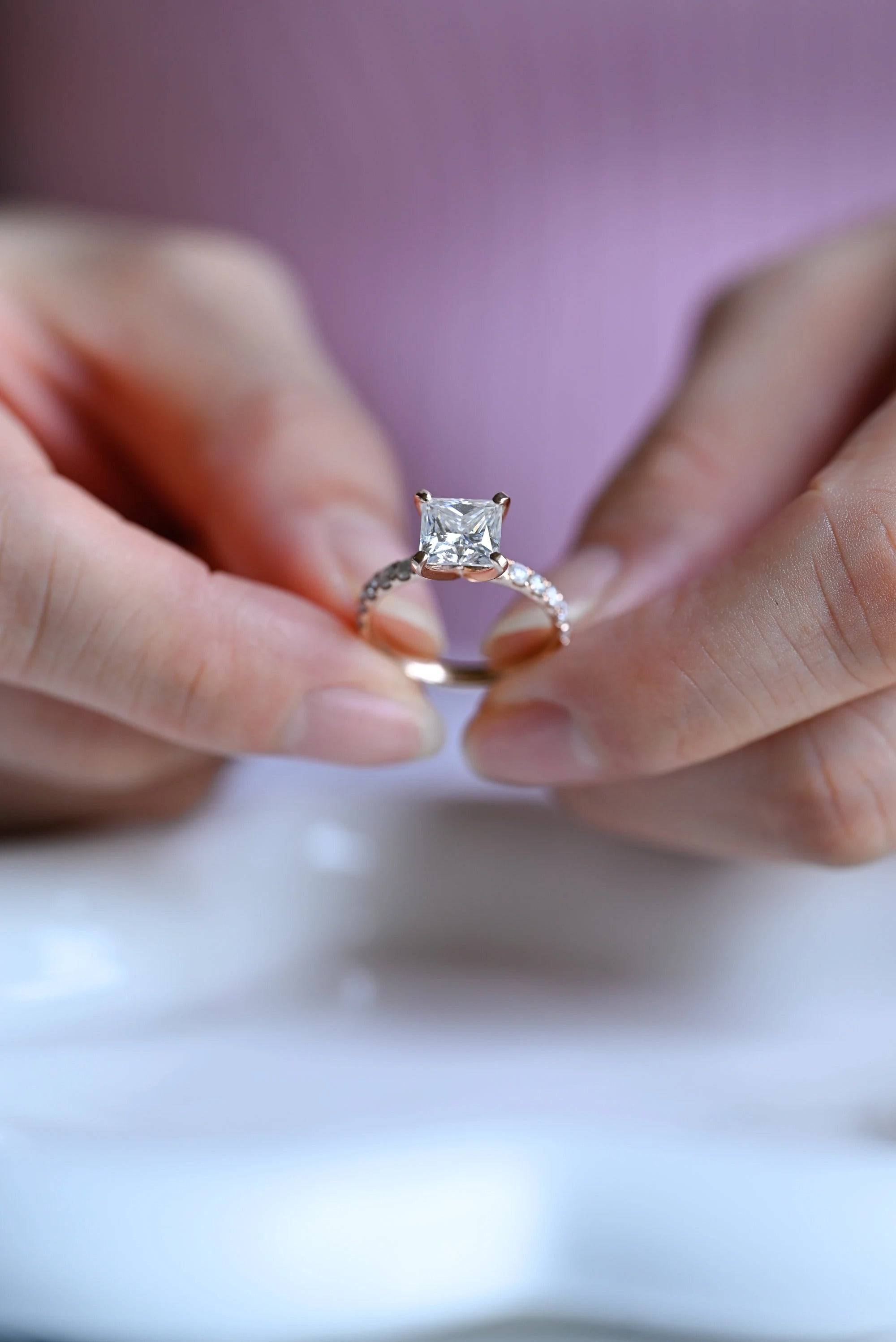 Solid Gold Princess Cut Moissanite Engagement Ring, Anniversary Gift for Her