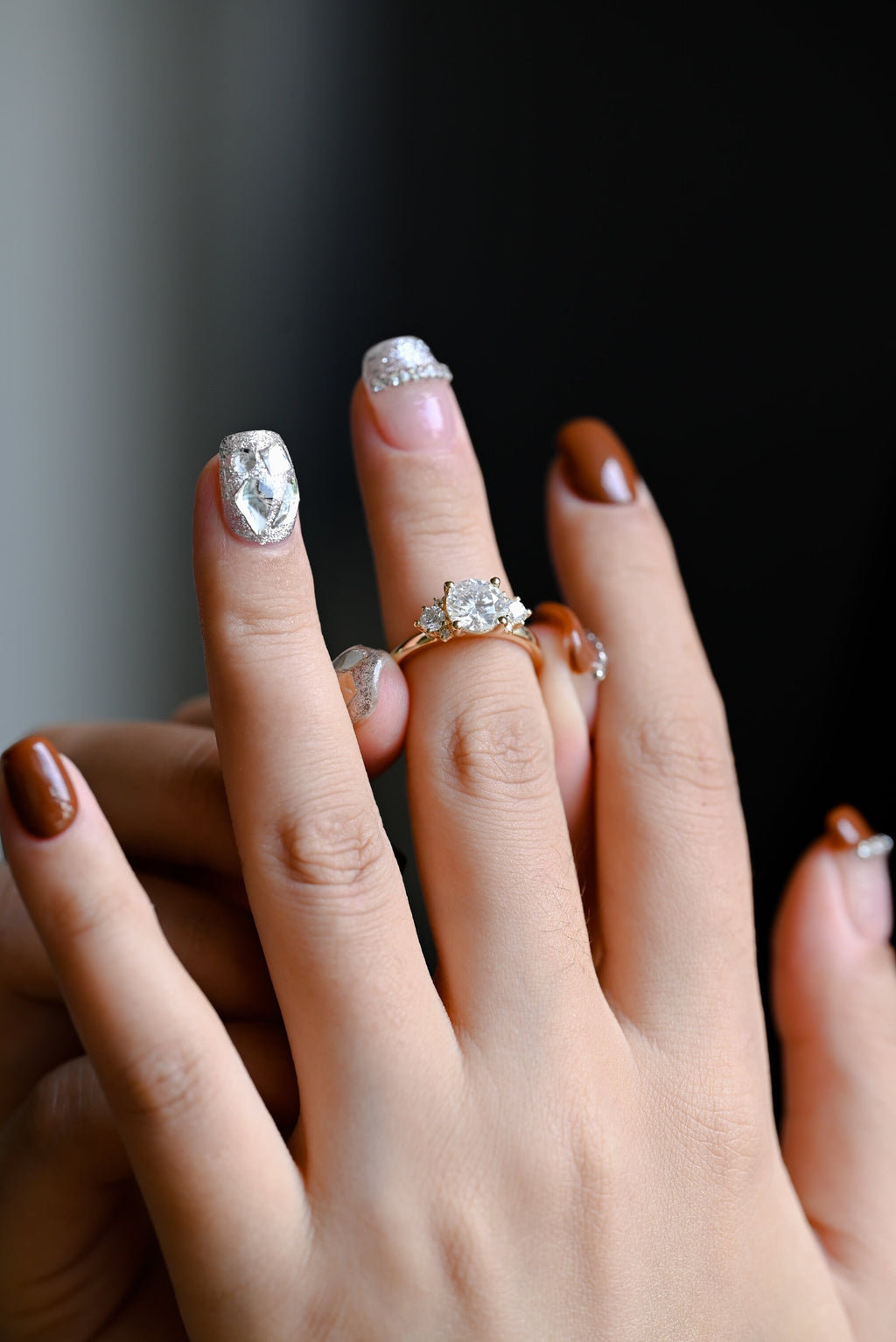 Solid Gold Three Stone Ring, Round Cut Moissanite Engagement Ring
