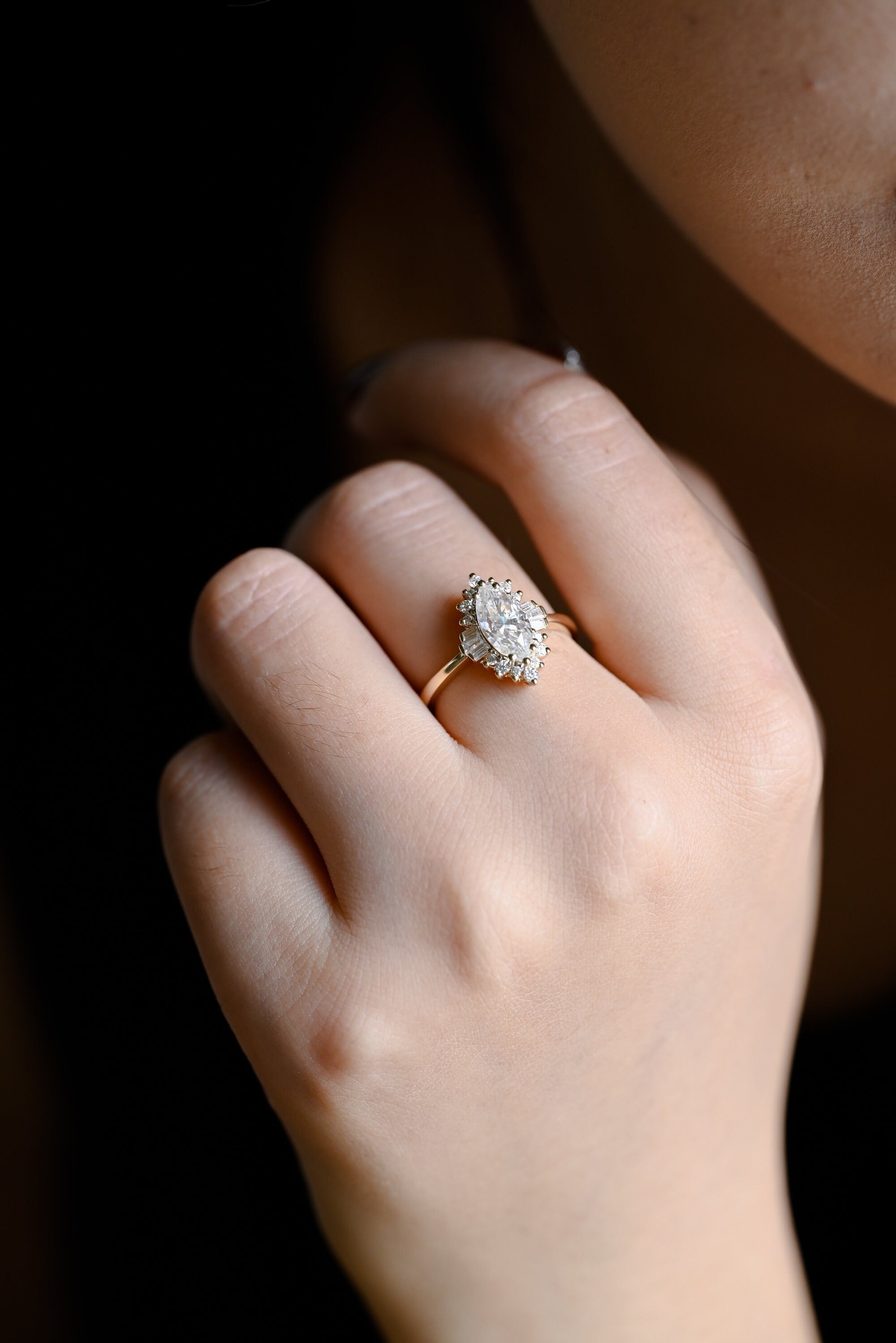Solid Gold Marquise Cut Halo Moissanite Engagement Ring, Bridal Ring for Women