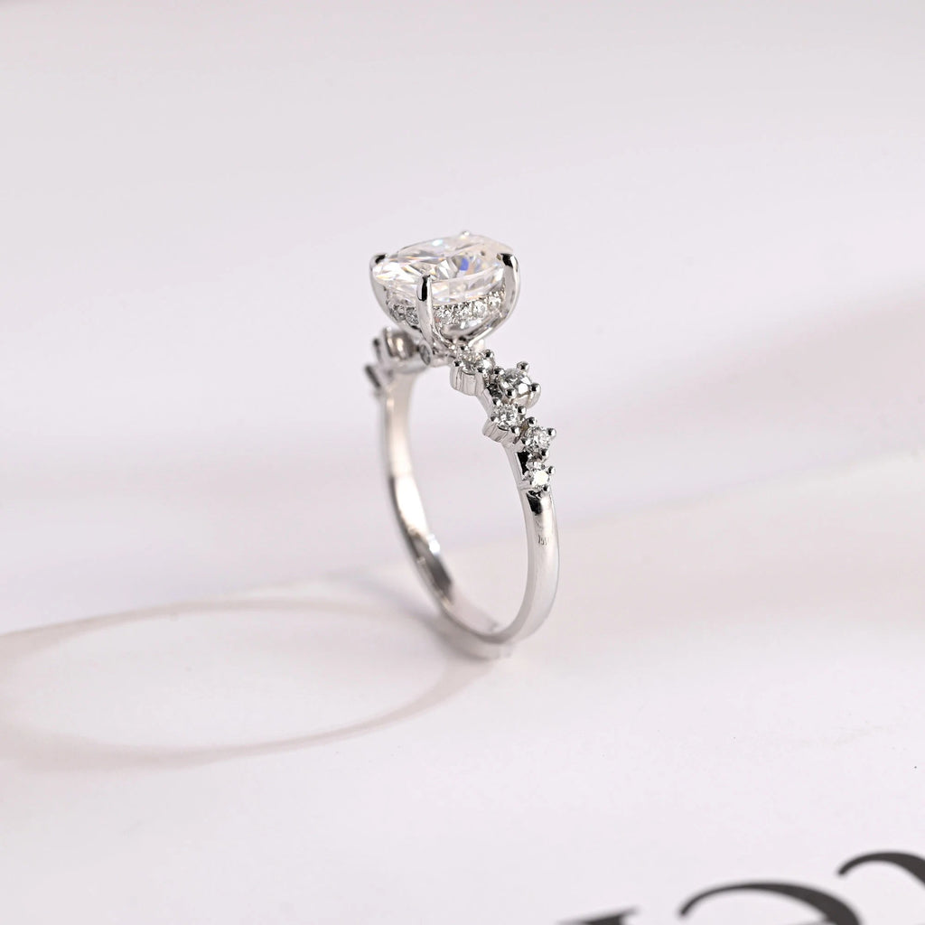 Solid Gold Oval Cut Moissanite Engagement Ring with Hidden Halo