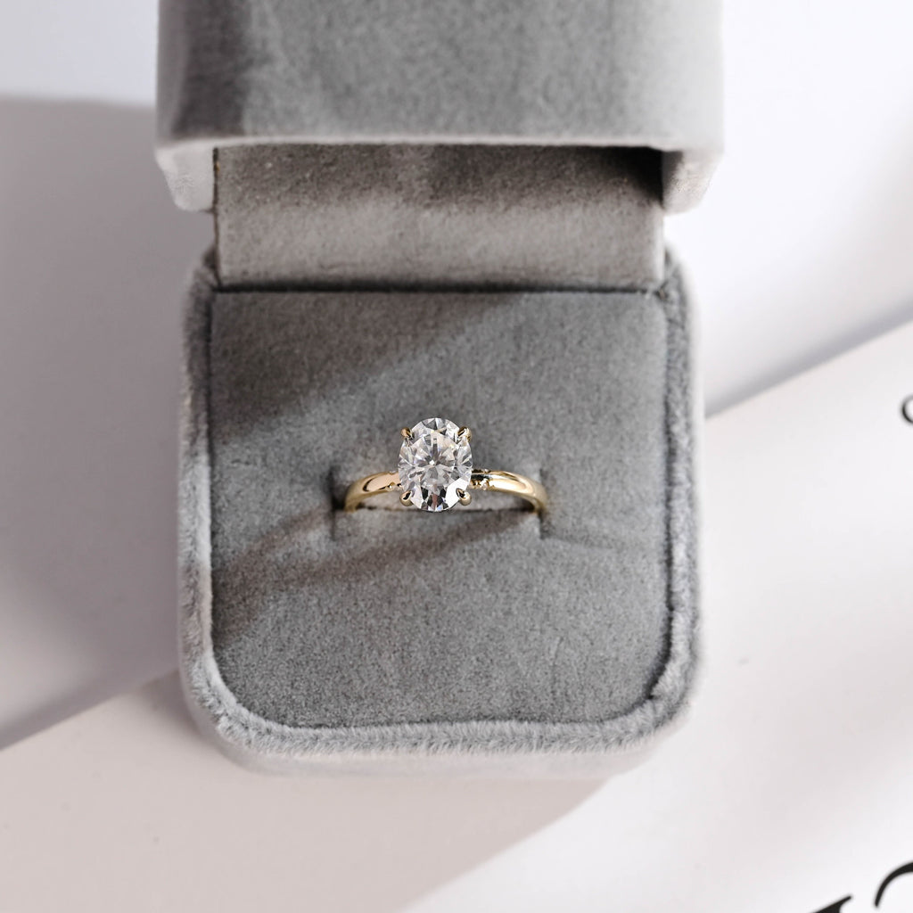 Solid Gold Oval Cut Moissanite Engagement Ring with Black Moissanite Hidden Halo