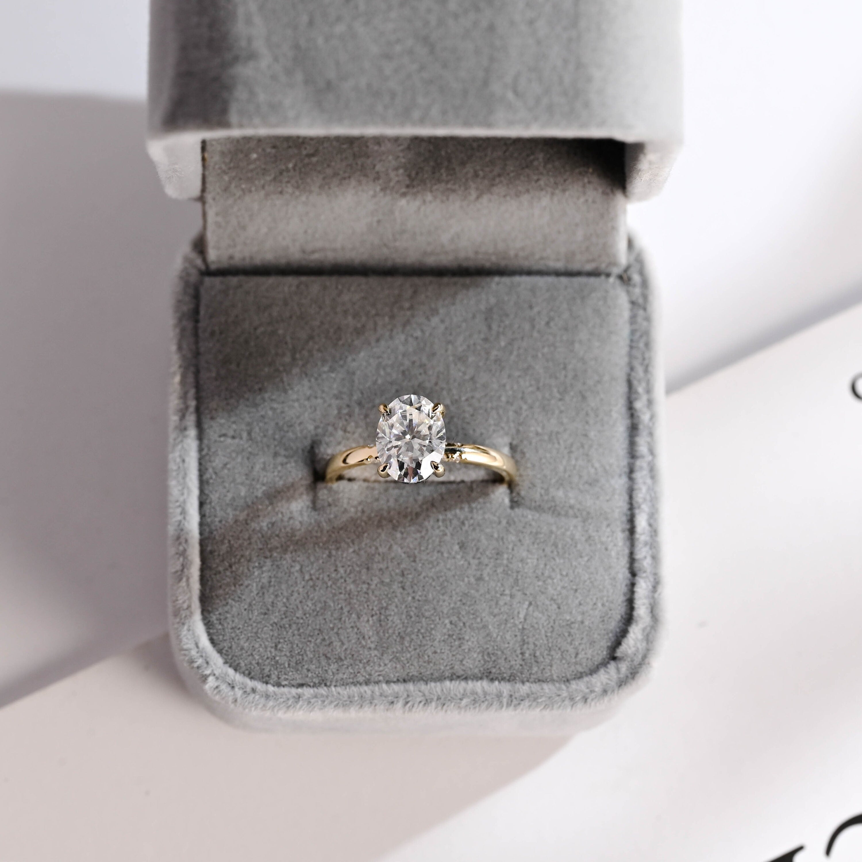 Solid Gold Oval Cut Moissanite Engagement Ring with Black Moissanite Hidden Halo