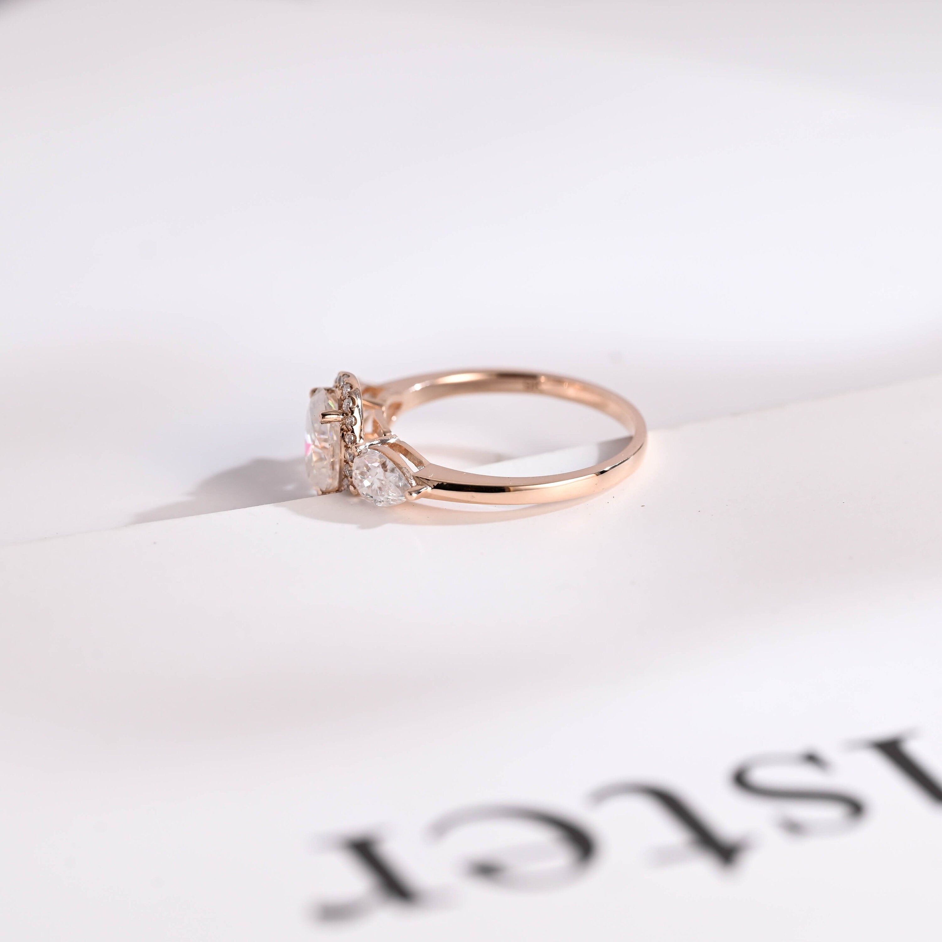 Solid Gold Three Stone Oval Cut Moissanite Engagement Ring
