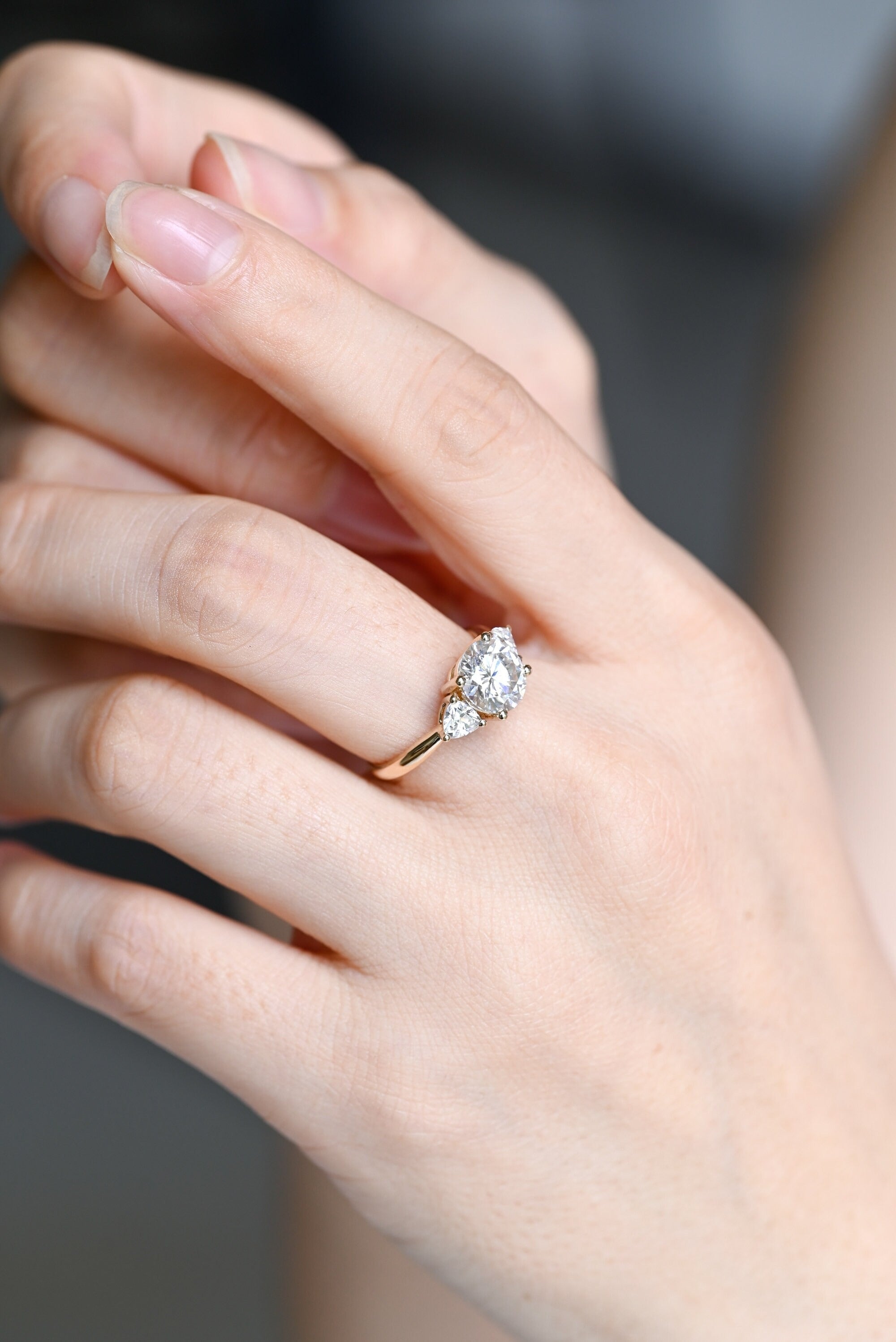 Solid Gold Three Stone Round Cut Moissanite Engagement Ring with Trillion Accent
