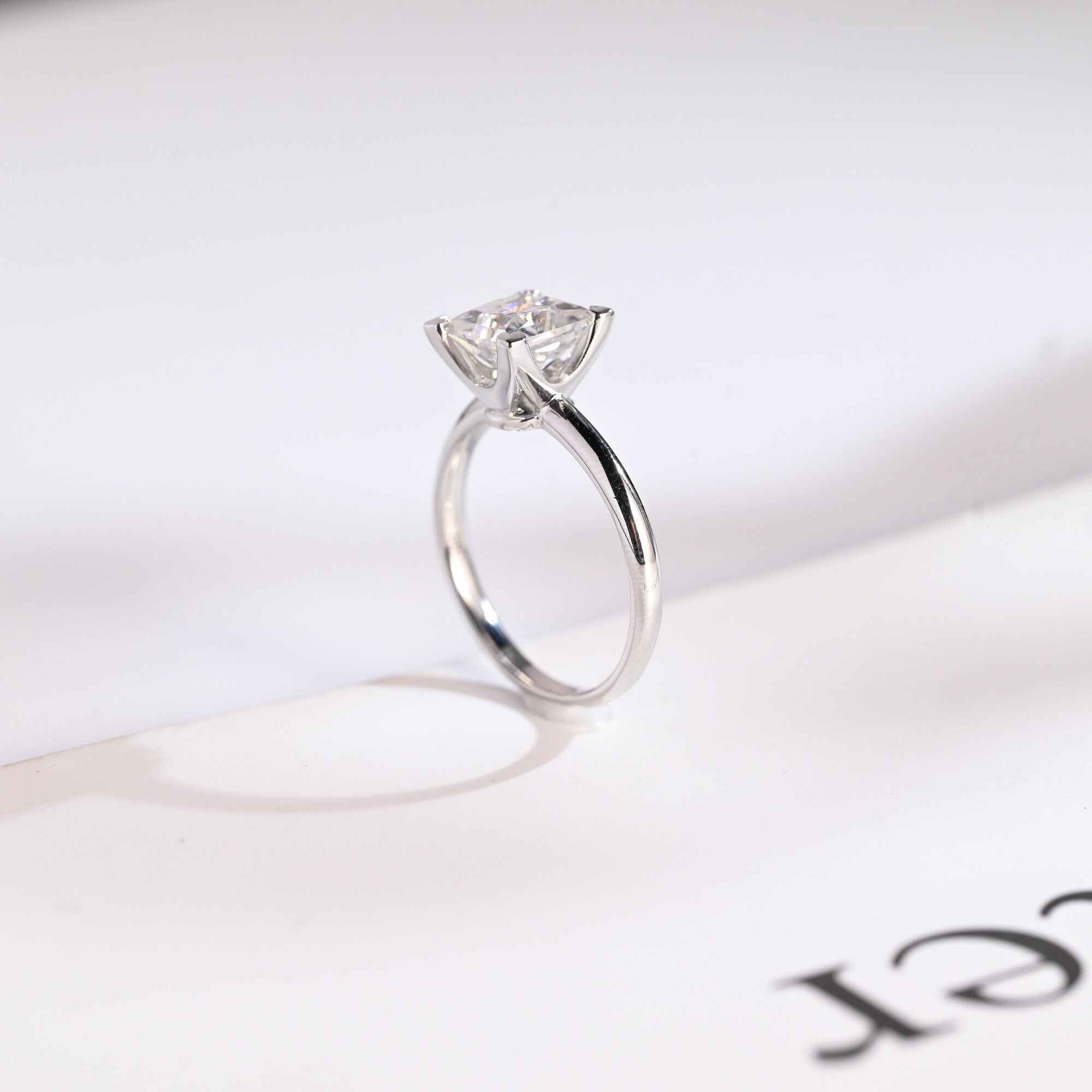 Solid Gold Princess Cut Moissanite Engagement Ring, Art Deco Ring