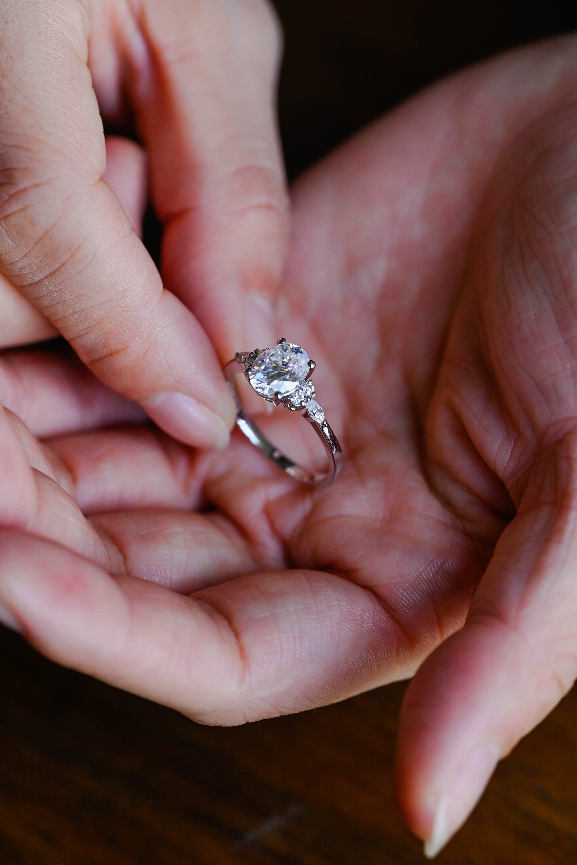 Solid Gold Oval Cut Cluster Moissanite Engagement Ring, Promise Ring