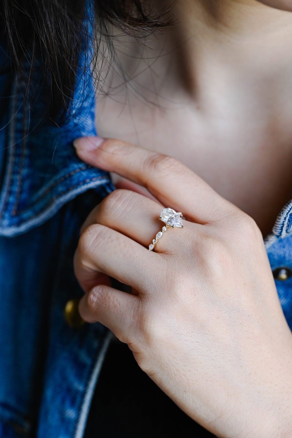 Solid Gold Pear Cut Moissanite Engagement Ring, Promise Ring