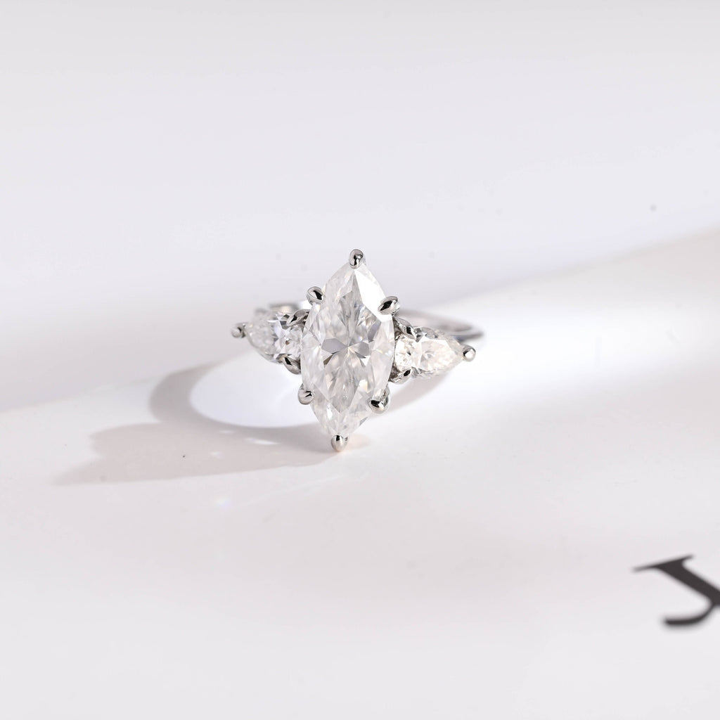 Solid Gold Marquise Cut Moissanite Engagement Ring, Three Stone Ring