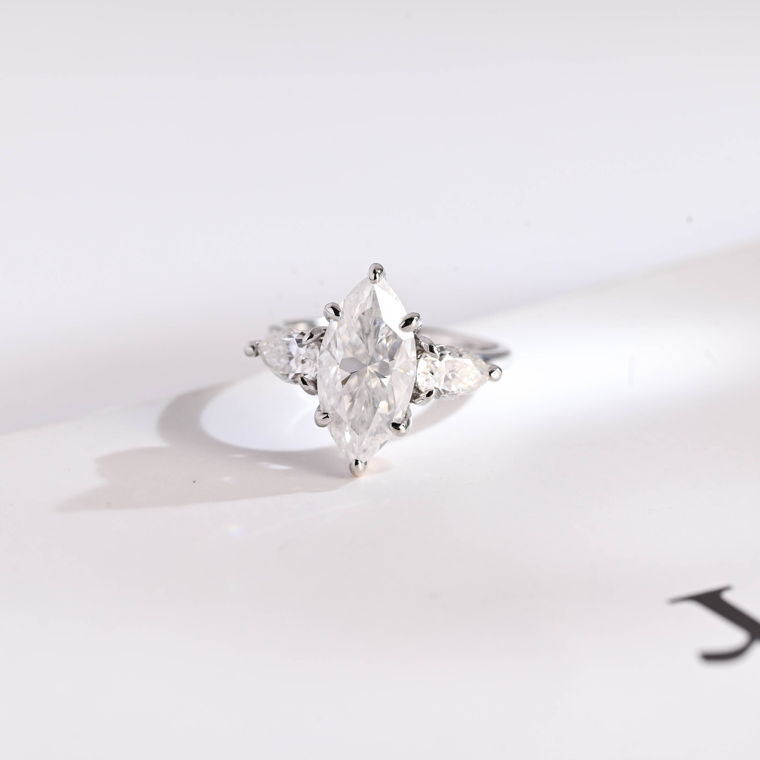 Solid Gold Marquise Cut Moissanite Engagement Ring, Three Stone Ring
