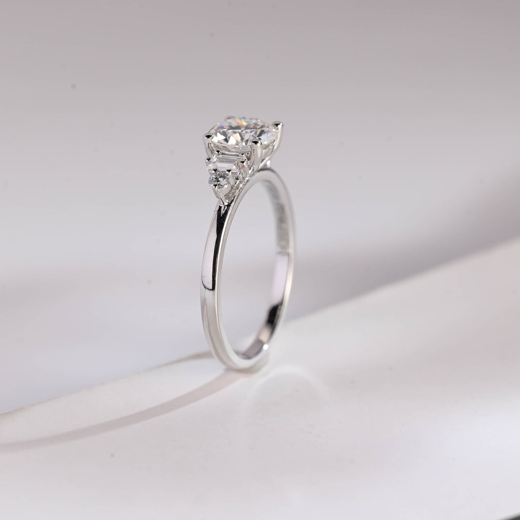 Three Stone Round Moissanite Engagement Ring, Solid Gold Dainty Anniversary Ring