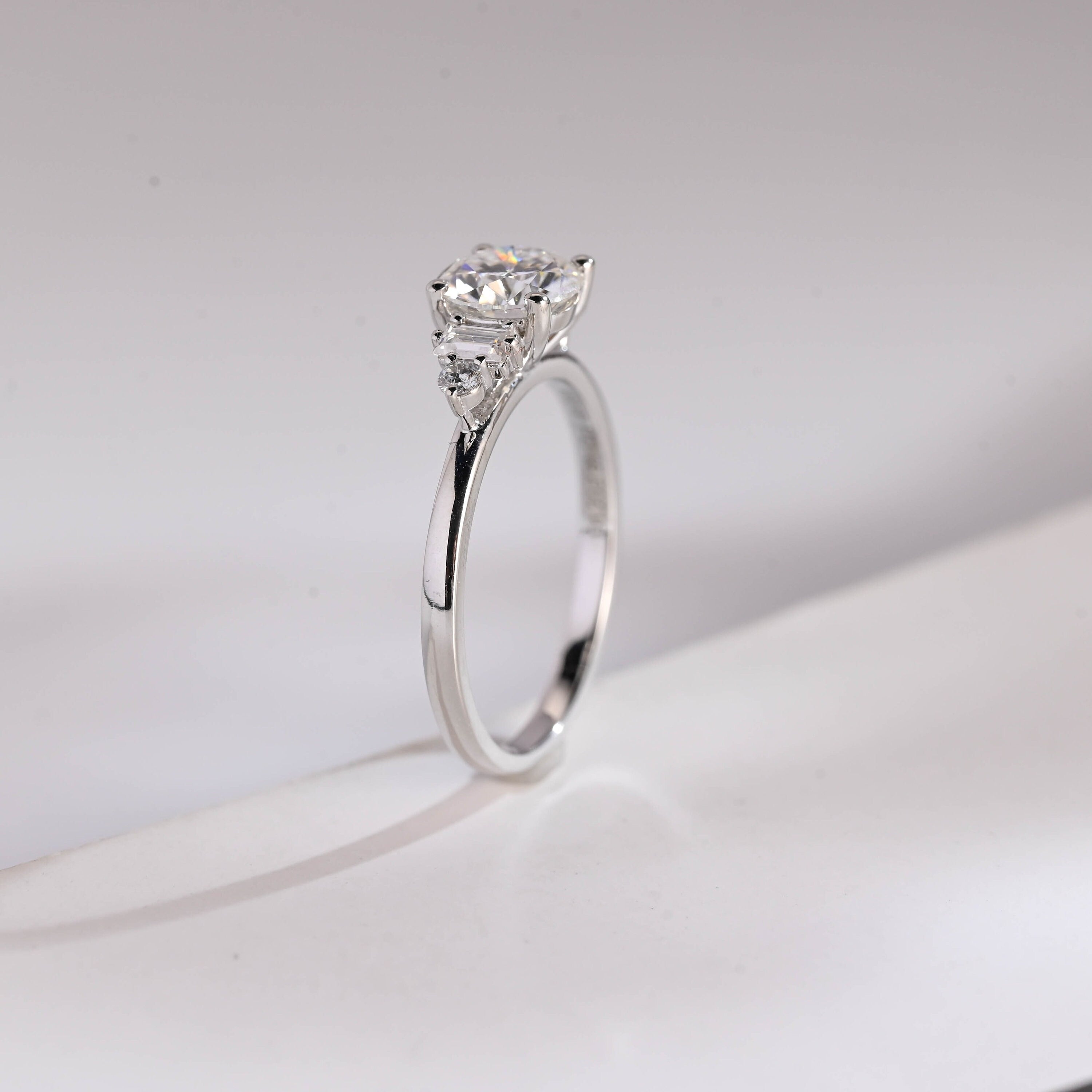 Three Stone Round Moissanite Engagement Ring, Solid Gold Dainty Anniversary Ring