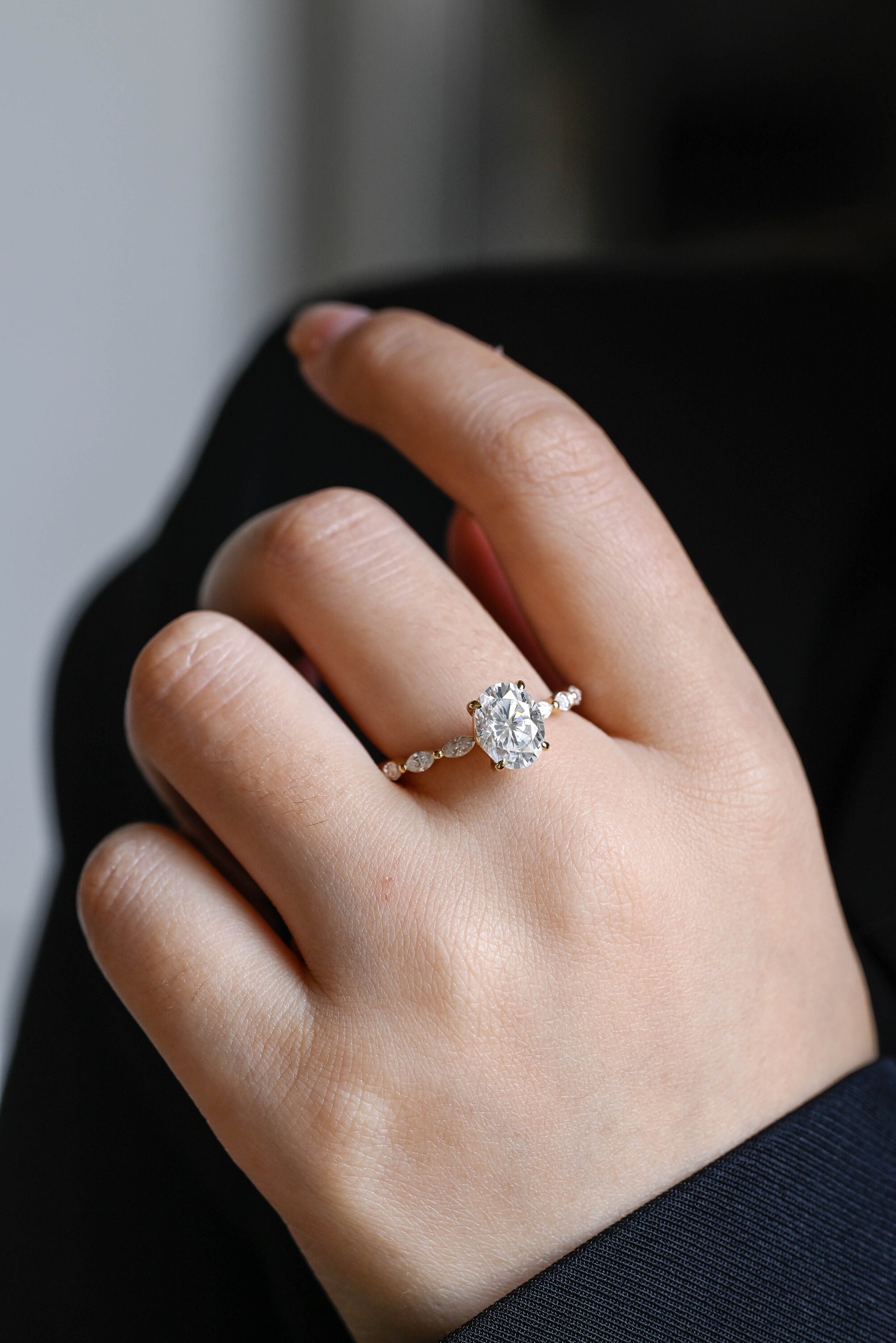 Solid Gold Oval Moissanite Engagement Ring with Marquise Moissanite Accent