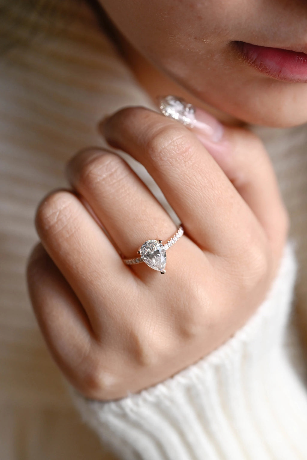 Solid Gold Pear Cut Moissanite Engagement Ring, Half Pave Proposal Ring