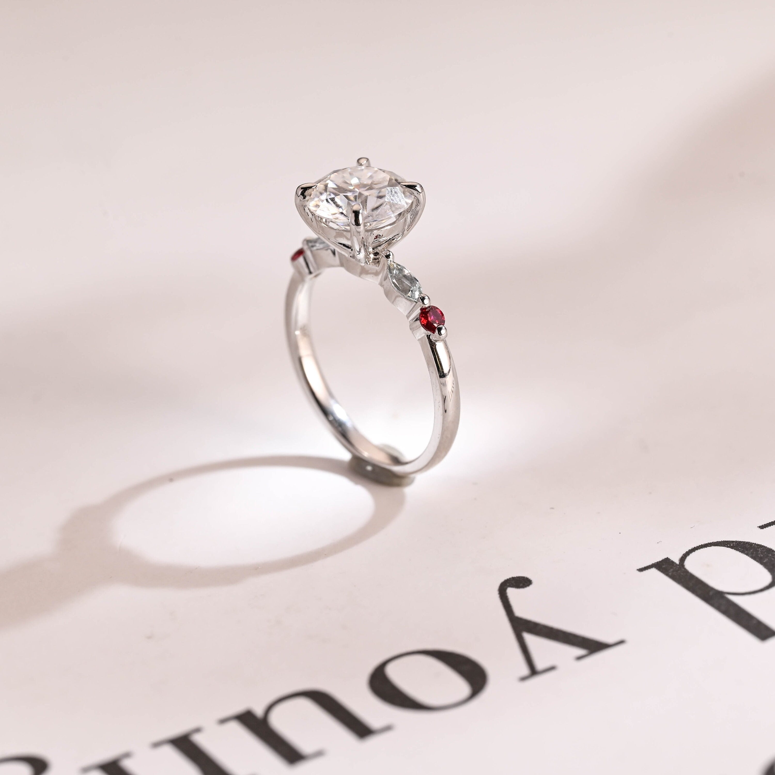 Solid Gold Round Moissanite Engagement Ring, Aquamarine & Ruby Side Stone Ring Secondary image