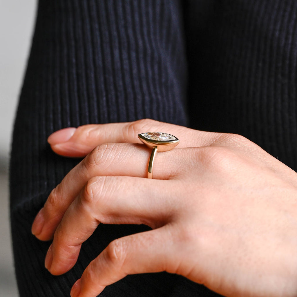 Solid Gold Marquise Moissanite Engagement Ring, Vintage Bezel Ring