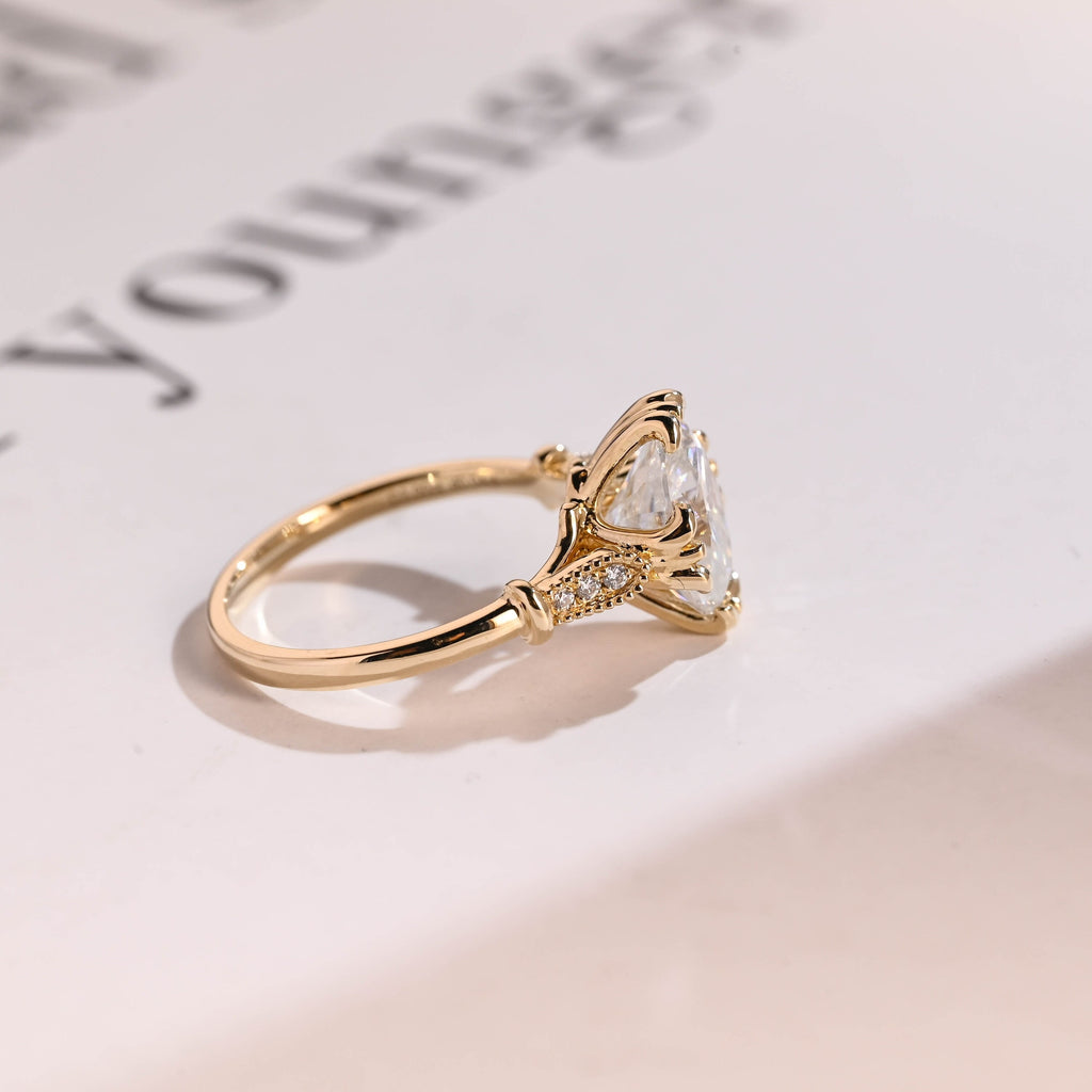Solid Gold Oval Moissanite Engagement Ring, Filigree Wedding Ring