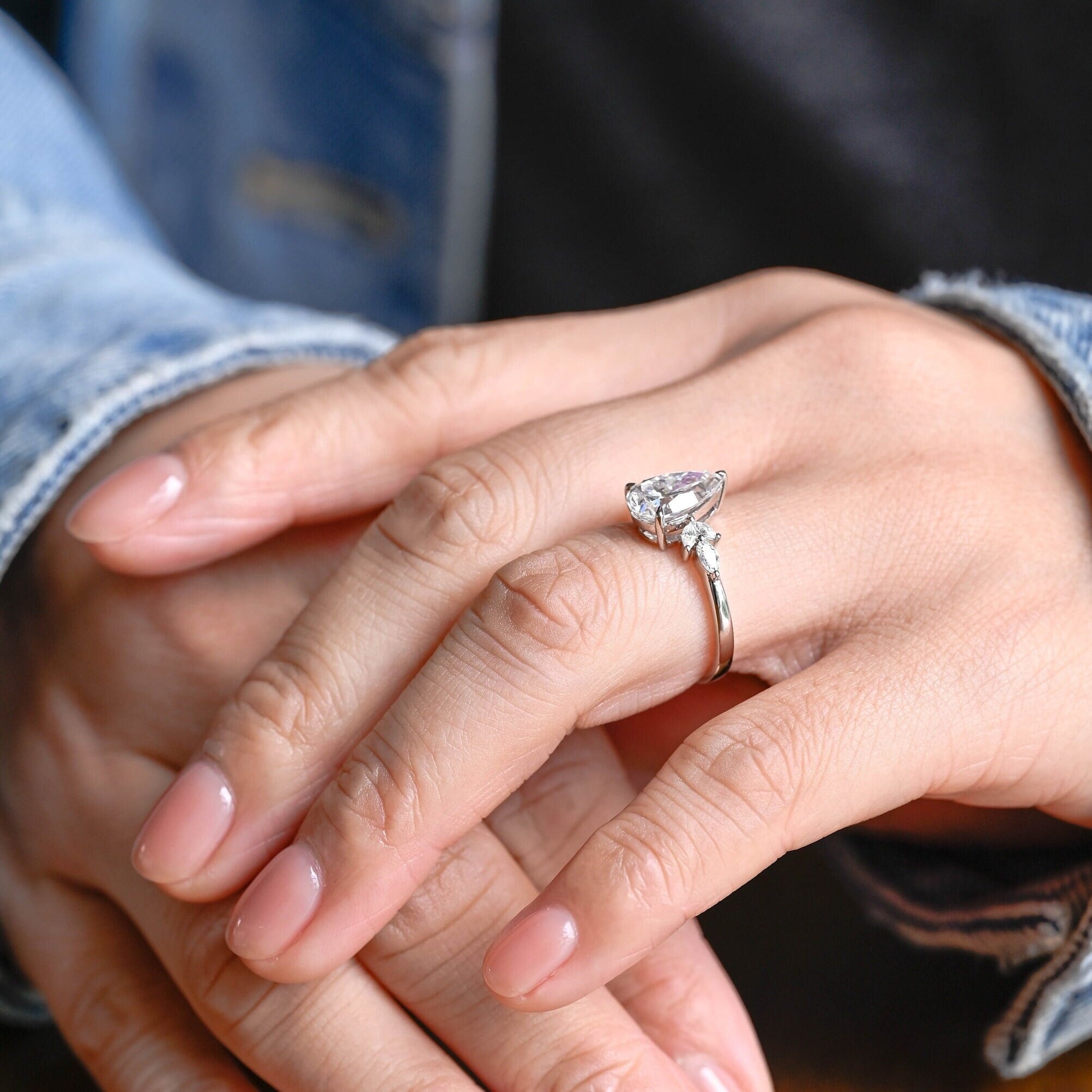 Solid Gold Pear Moissanite Engagement Ring, Proposal Ring for Her