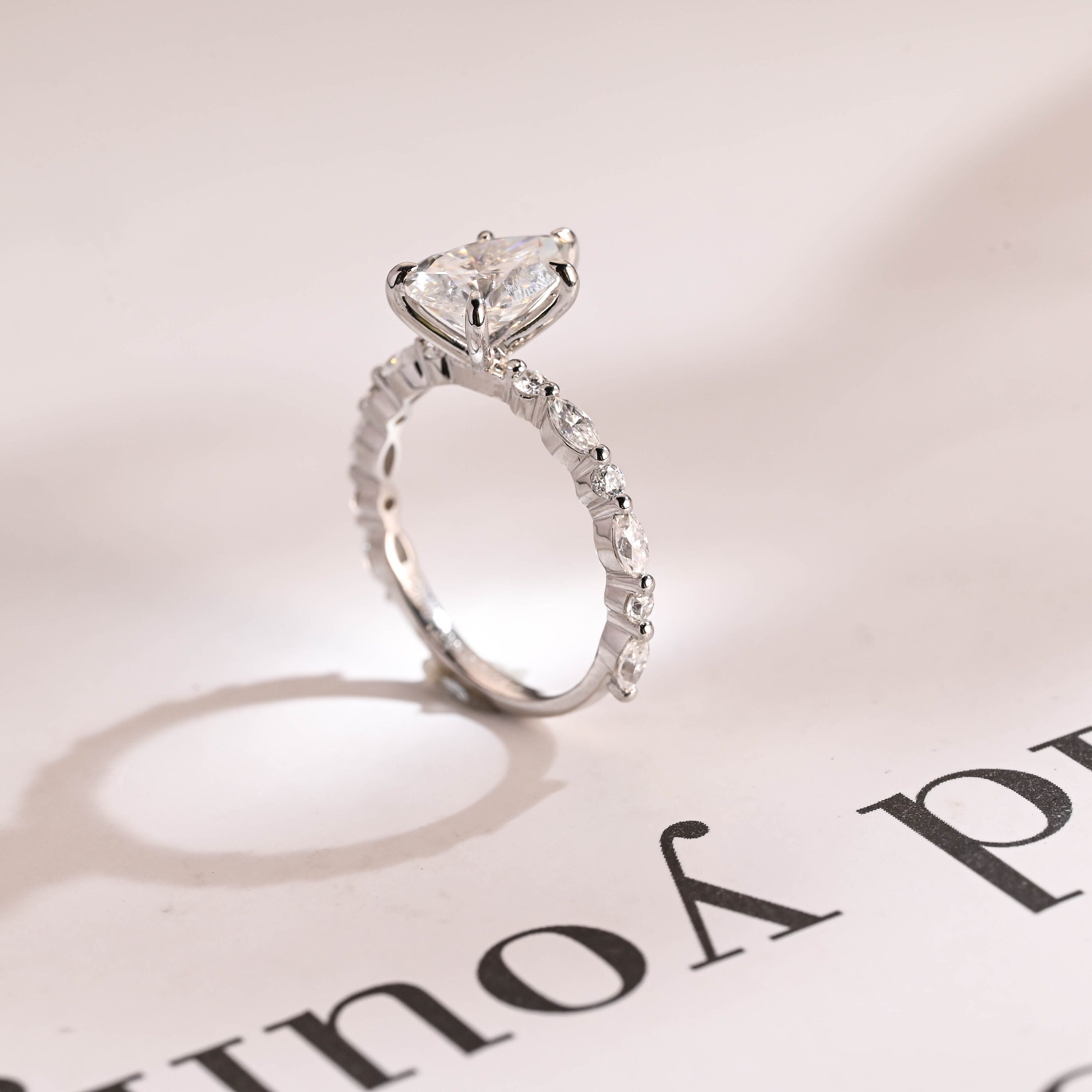 Solid Gold Pear Cut Moissanite Engagement Ring, Half Pave Proposal Ring Secondary image