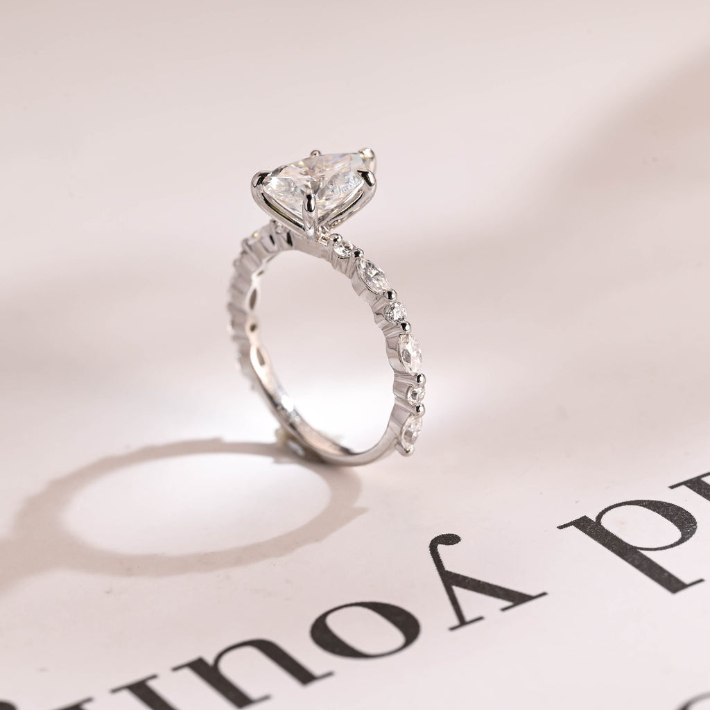 Solid Gold Pear Cut Moissanite Engagement Ring, Half Pave Proposal Ring